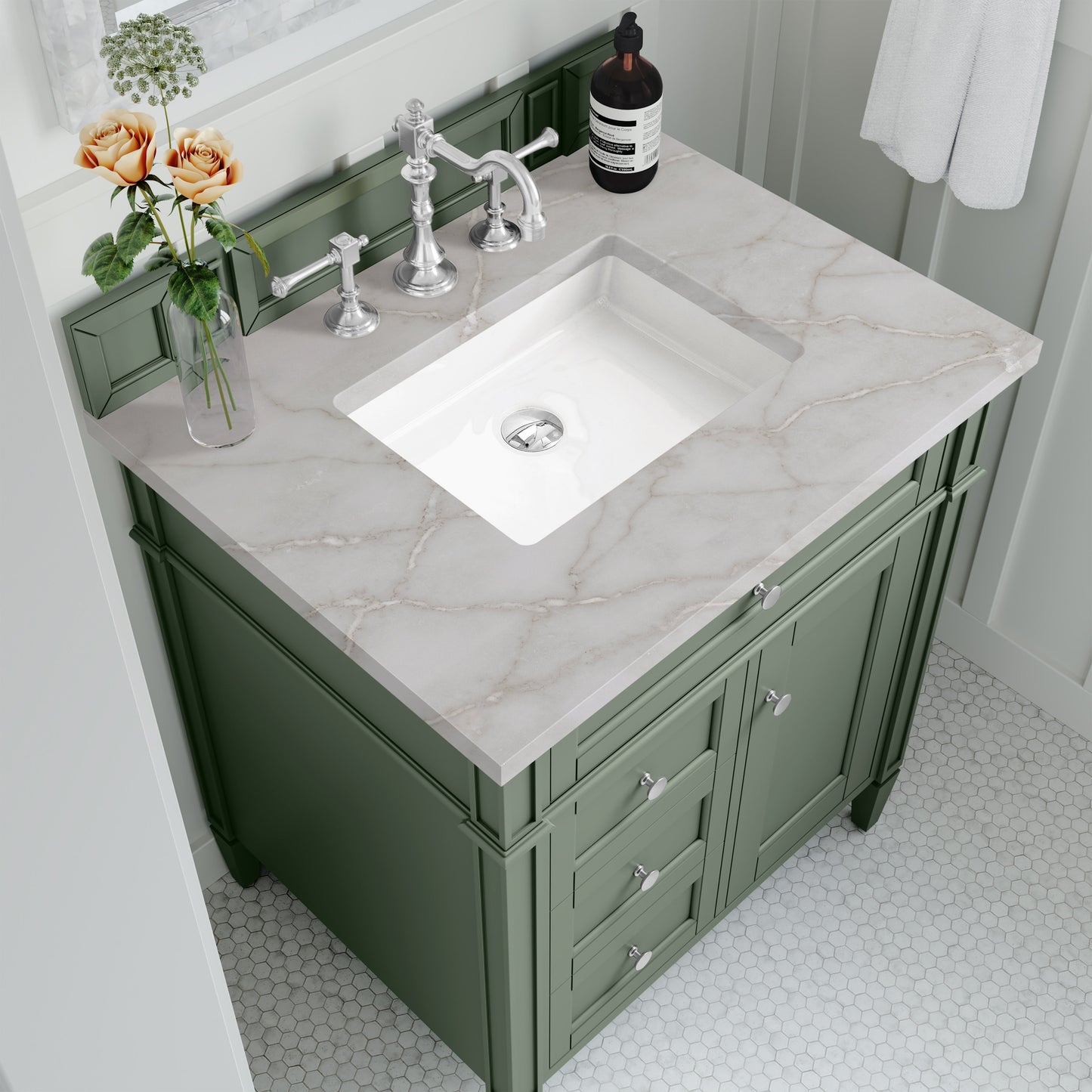 
                  
                    Brittany 30" Single Vanity in Smokey Celadon Single Bathroom Vanity James Martin Vanities Victorian Silver Silestone 
                  
                