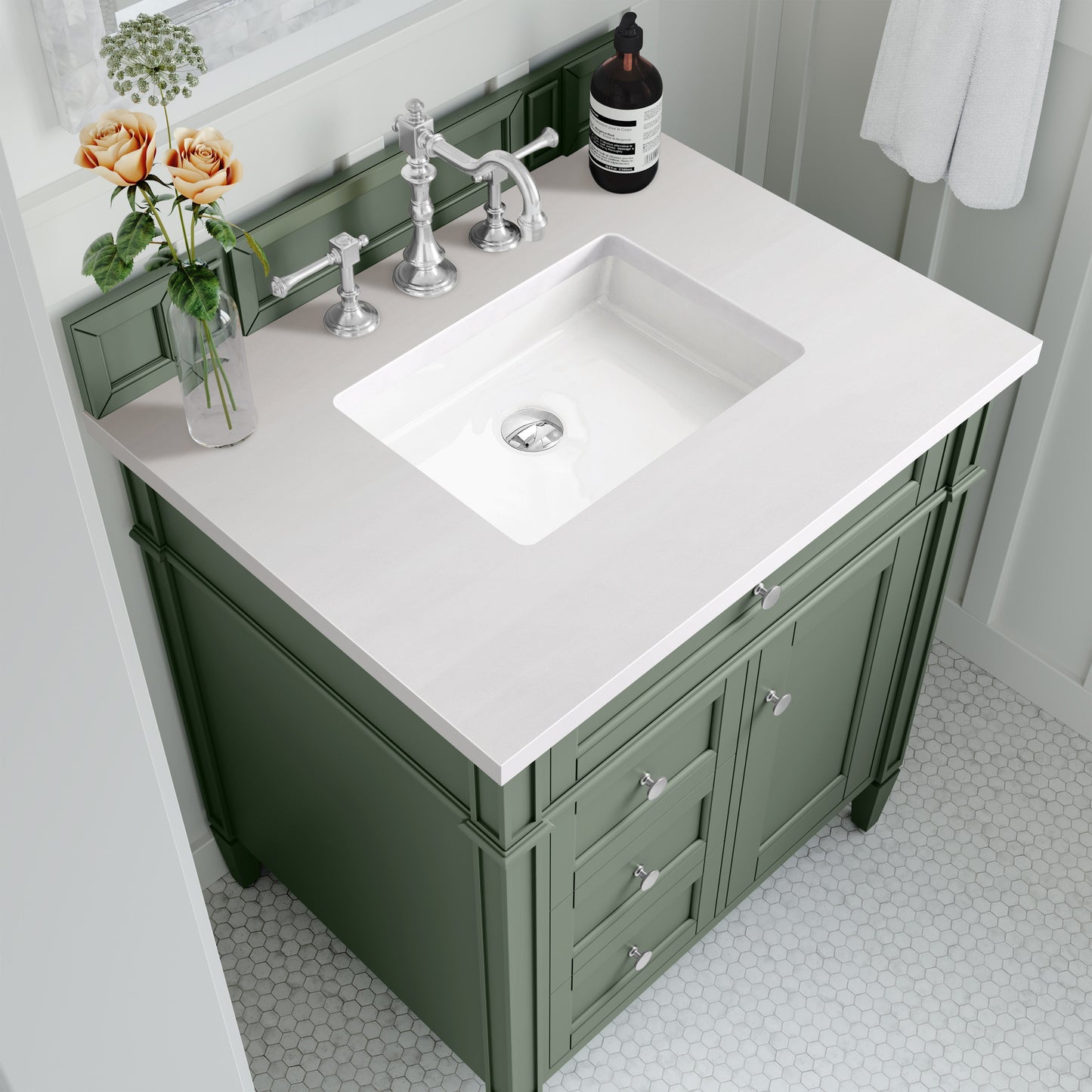 
                  
                    Brittany 30" Single Vanity in Smokey Celadon Single Bathroom Vanity James Martin Vanities White Zeus Silestone 
                  
                