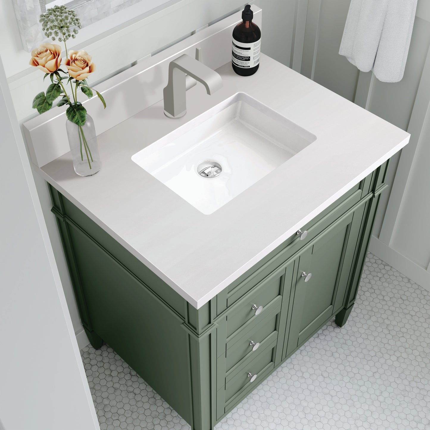 
                  
                    Brittany 30" Single Vanity in Smokey Celadon Single Bathroom Vanity James Martin Vanities White Zeus Single Faucet Silestone Top w/Backsplash 
                  
                