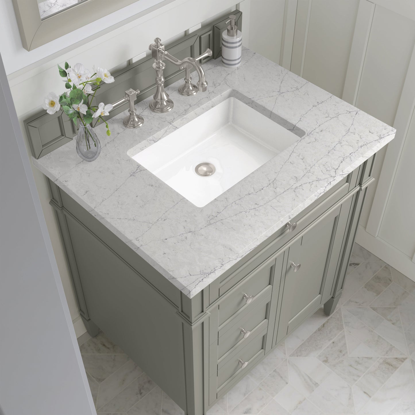 
                  
                    Brittany 30" Single Vanity in Urban Gray Single Bathroom Vanity James Martin Vanities Eternal Jasmine Pearl Silestone 
                  
                
