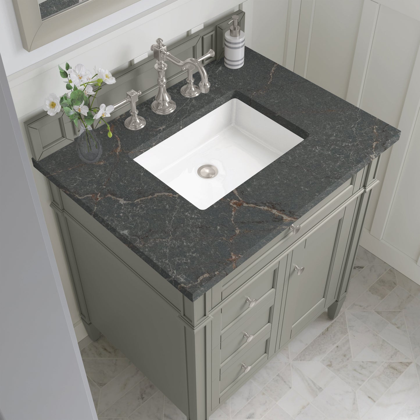 
                  
                    Brittany 30" Single Vanity in Urban Gray Single Bathroom Vanity James Martin Vanities Parisien Bleu Silestone 
                  
                