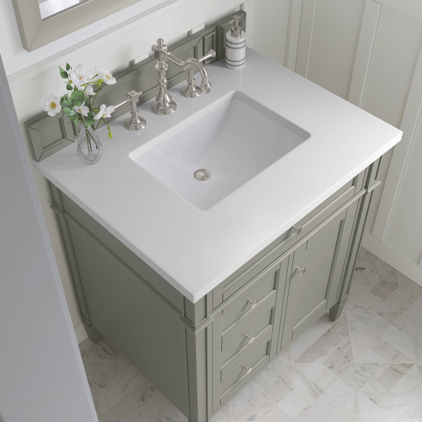 
                  
                    Brittany 30" Single Vanity in Urban Gray Single Bathroom Vanity James Martin Vanities White Zeus Silestone 
                  
                