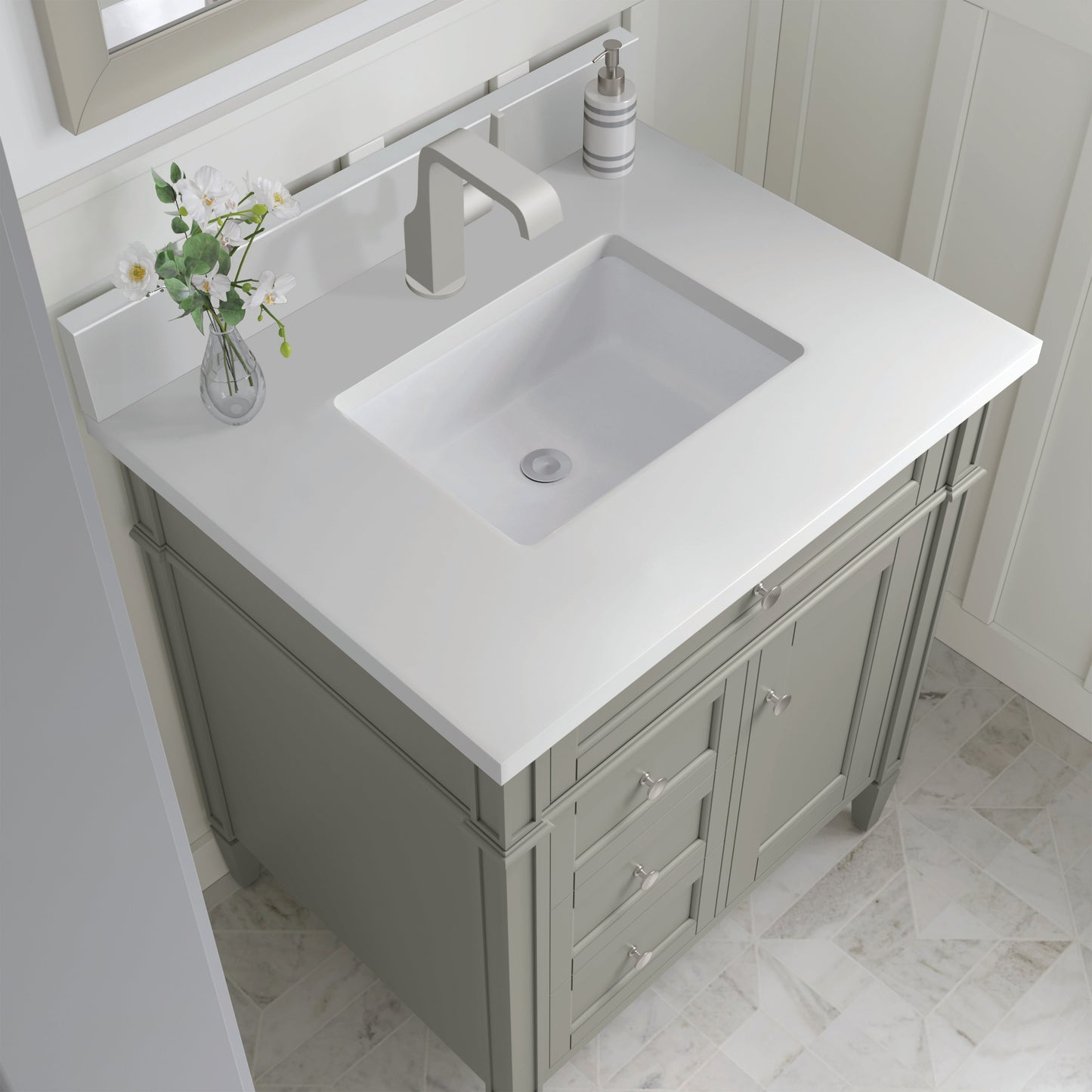
                  
                    Brittany 30" Single Vanity in Urban Gray Single Bathroom Vanity James Martin Vanities White Zeus Single Faucet Silestone Top w/Backsplash 
                  
                