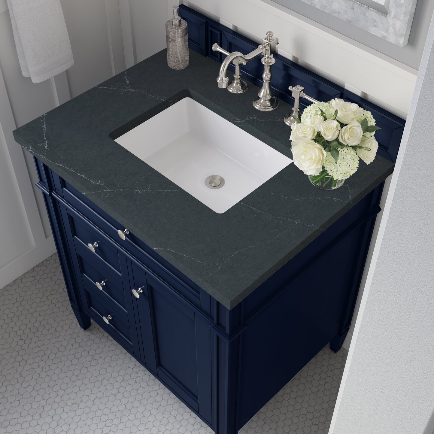 
                  
                    Brittany 30" Single Vanity in Victory Blue Single Bathroom Vanity James Martin Vanities Charcoal Soapstone Silestone 
                  
                