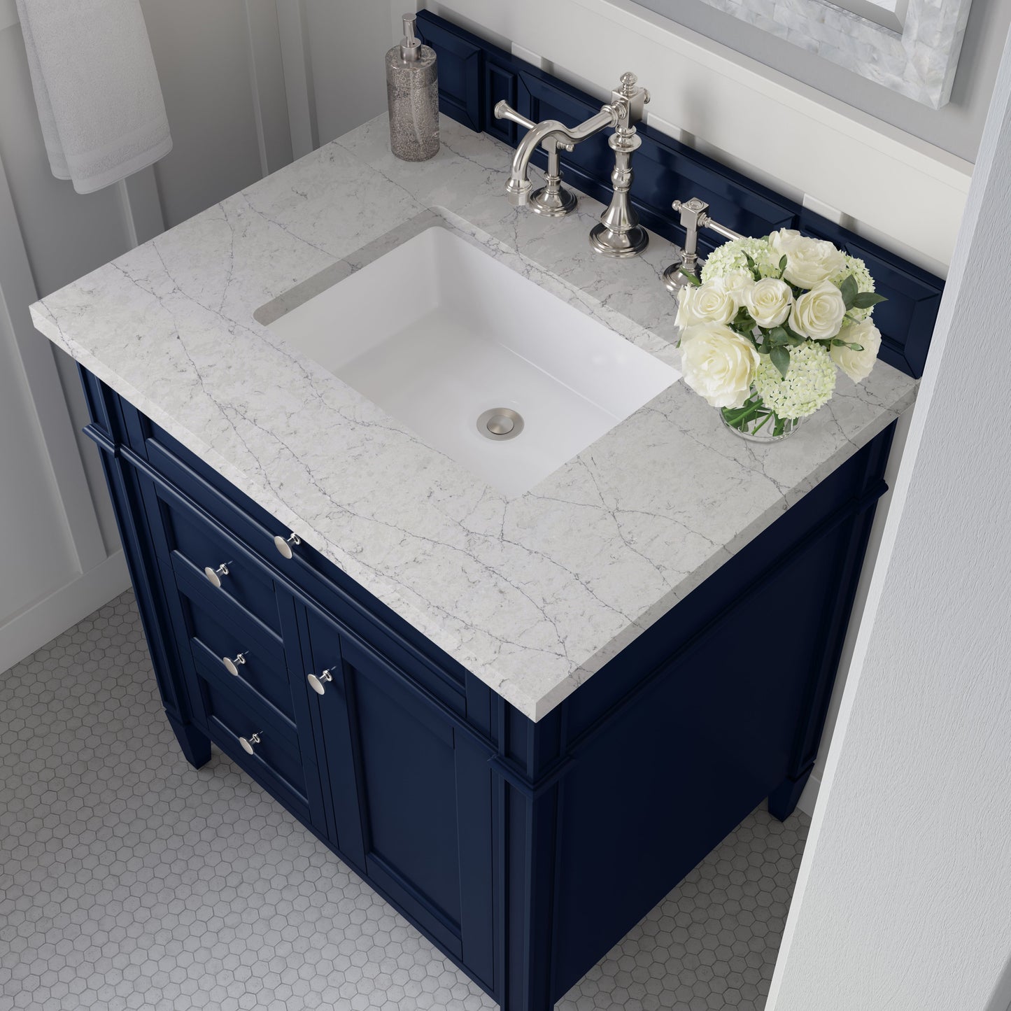 
                  
                    Brittany 30" Single Vanity in Victory Blue Single Bathroom Vanity James Martin Vanities Eternal Jasmine Silestone 
                  
                