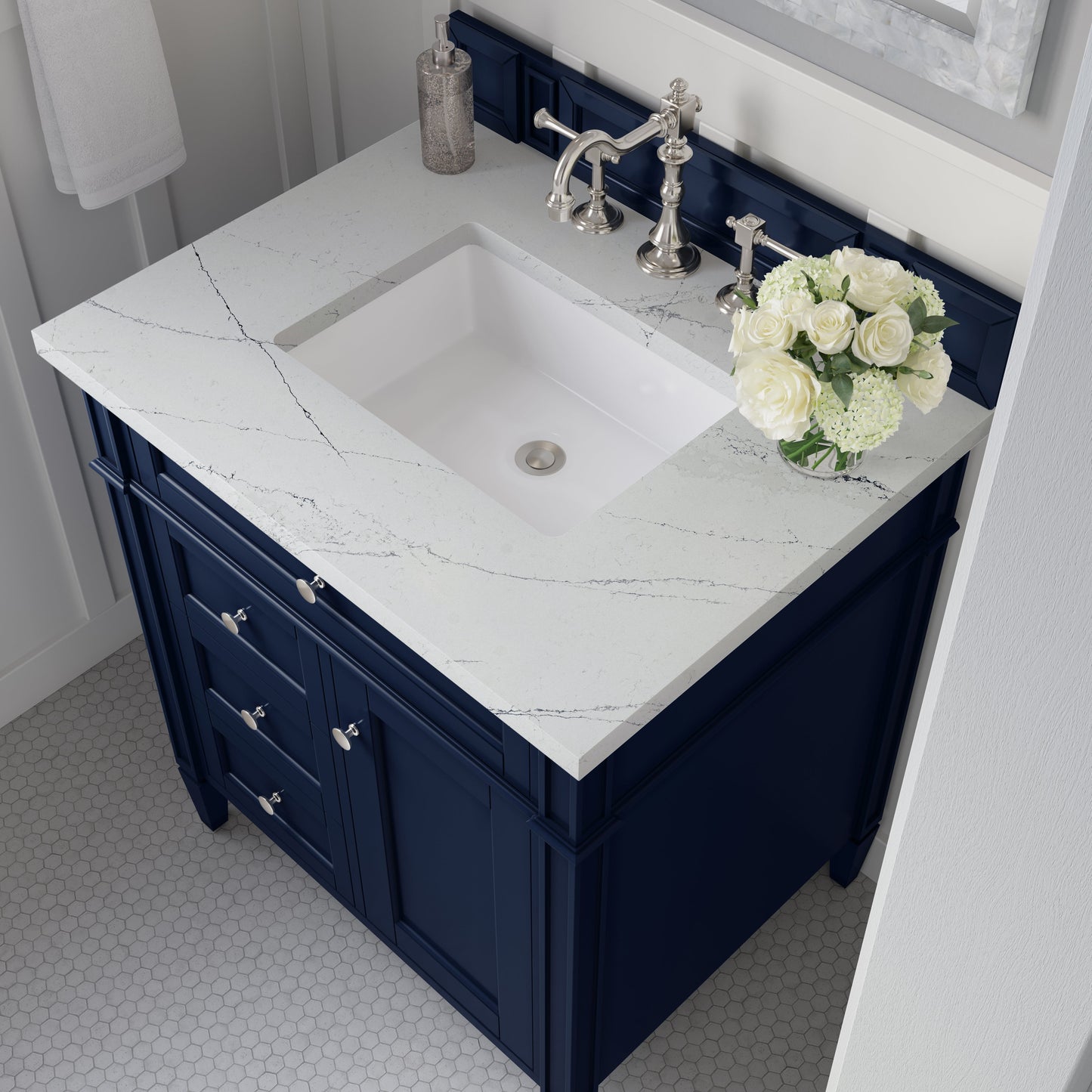 
                  
                    Brittany 30" Single Vanity in Victory Blue Single Bathroom Vanity James Martin Vanities Ethereal Noctis Silestone 
                  
                