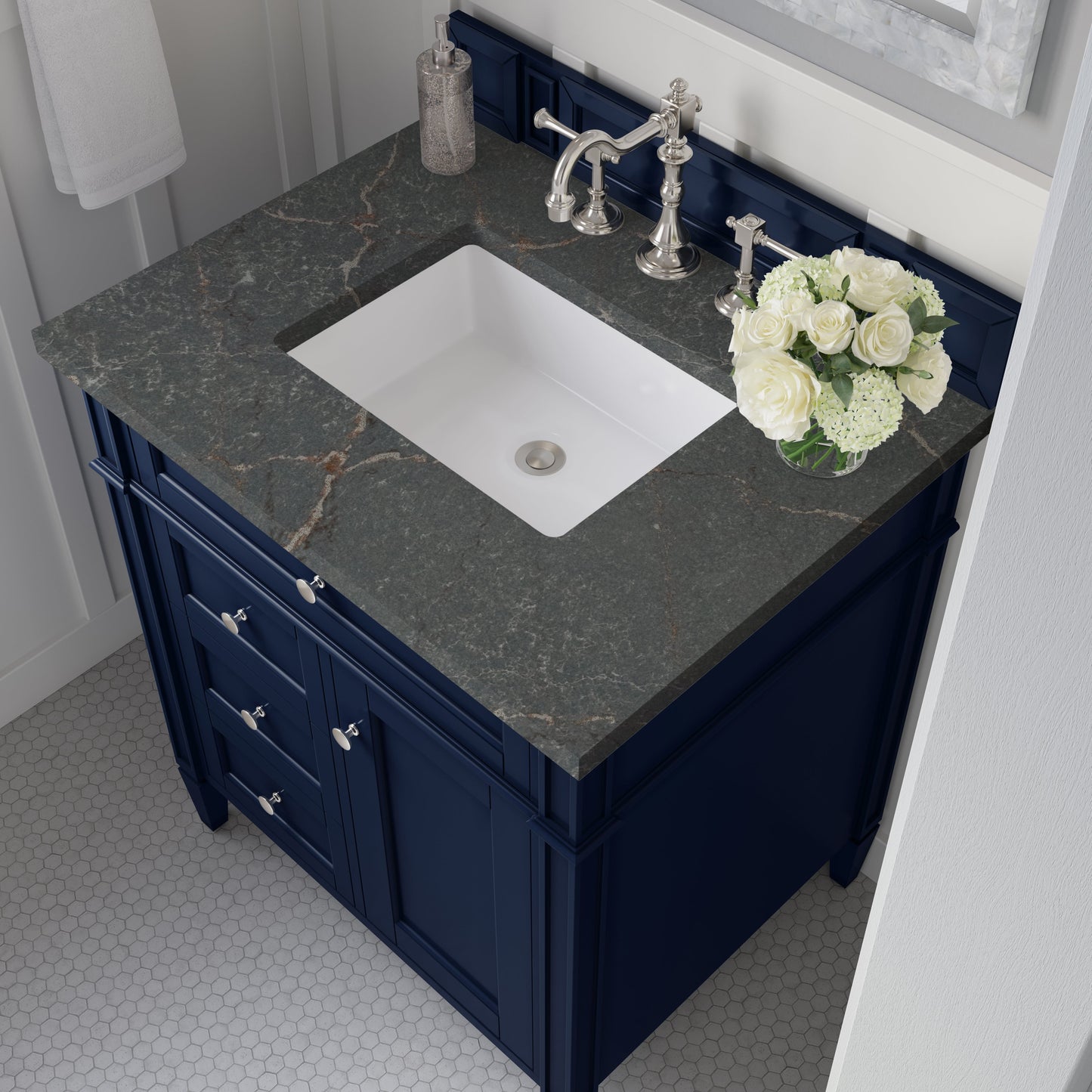 
                  
                    Brittany 30" Single Vanity in Victory Blue Single Bathroom Vanity James Martin Vanities Parisien Bleu Silestone 
                  
                