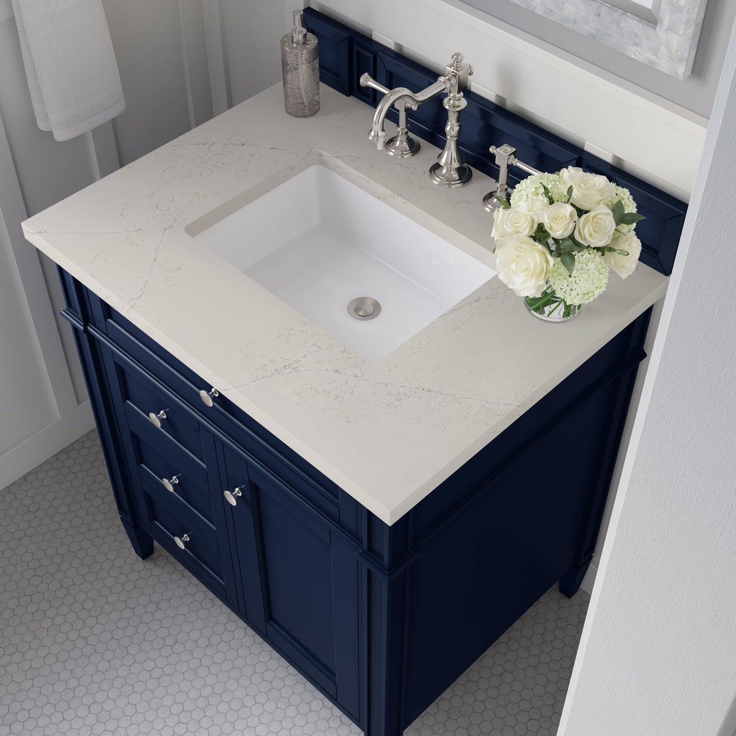 
                  
                    Brittany 30" Single Vanity in Victory Blue Single Bathroom Vanity James Martin Vanities Siberian Silestone 
                  
                
