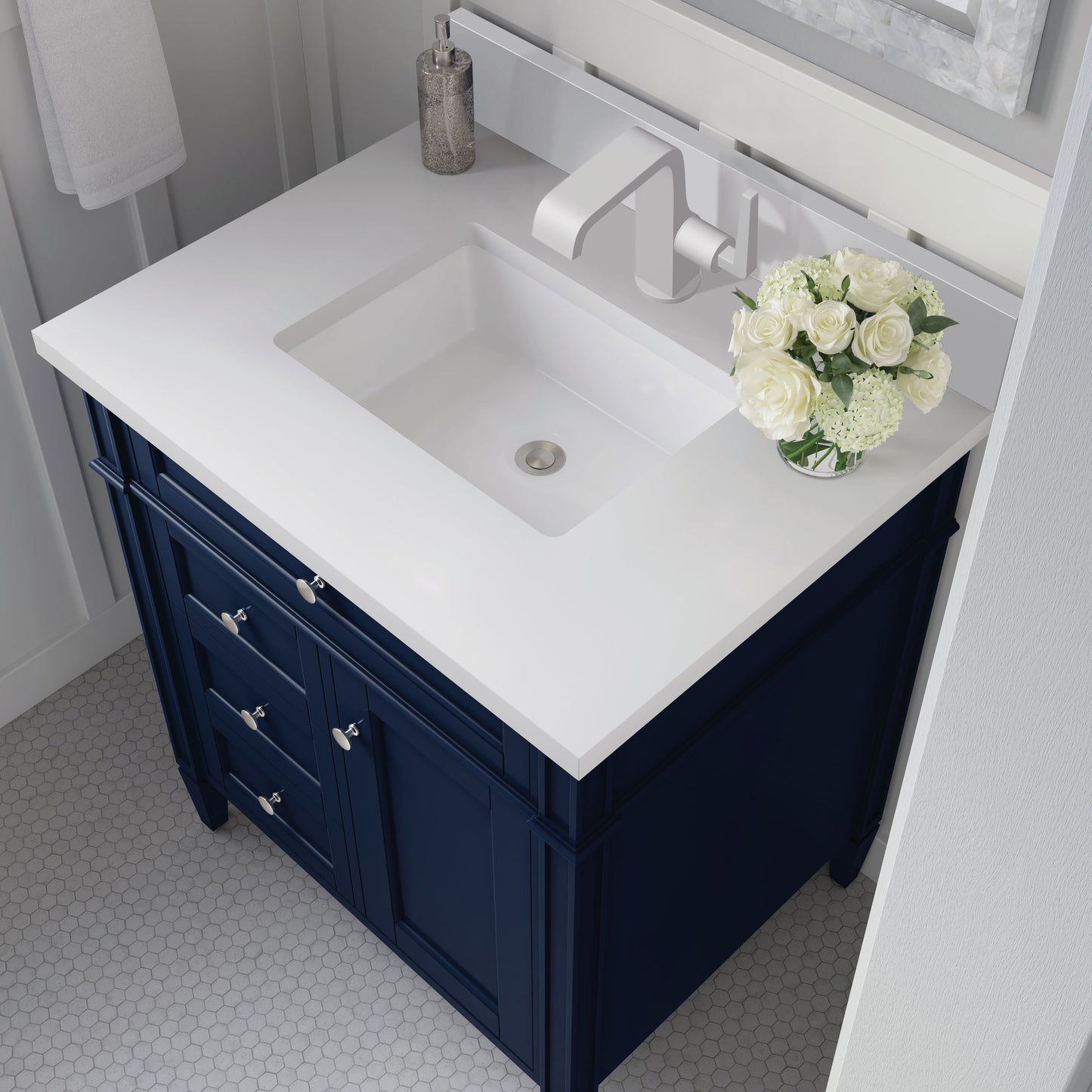 
                  
                    Brittany 30" Single Vanity in Victory Blue Single Bathroom Vanity James Martin Vanities White Zeus Single Faucet Silestone Top w/Backsplash 
                  
                
