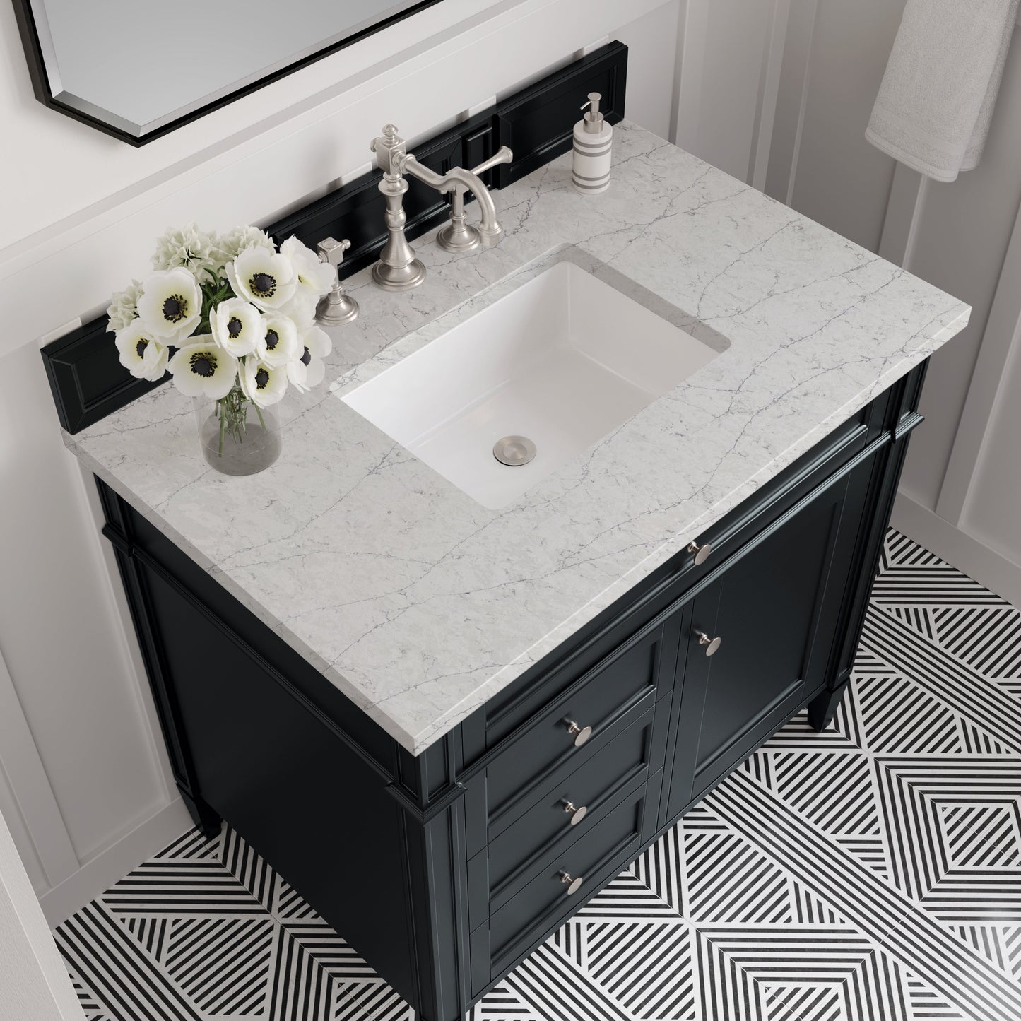 
                  
                    Brittany 36" Single Vanity in Black Onyx Single Bathroom Vanity James Martin Vanities Eternal Jasmine Pearl Silestone 
                  
                