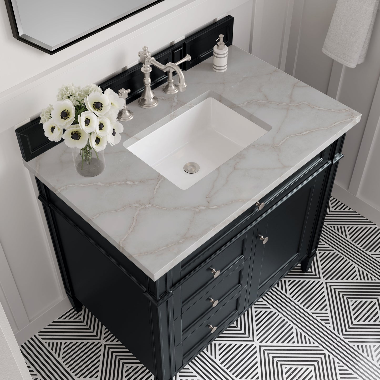 
                  
                    Brittany 36" Single Vanity in Black Onyx Single Bathroom Vanity James Martin Vanities Victorian Silver Silestone 
                  
                
