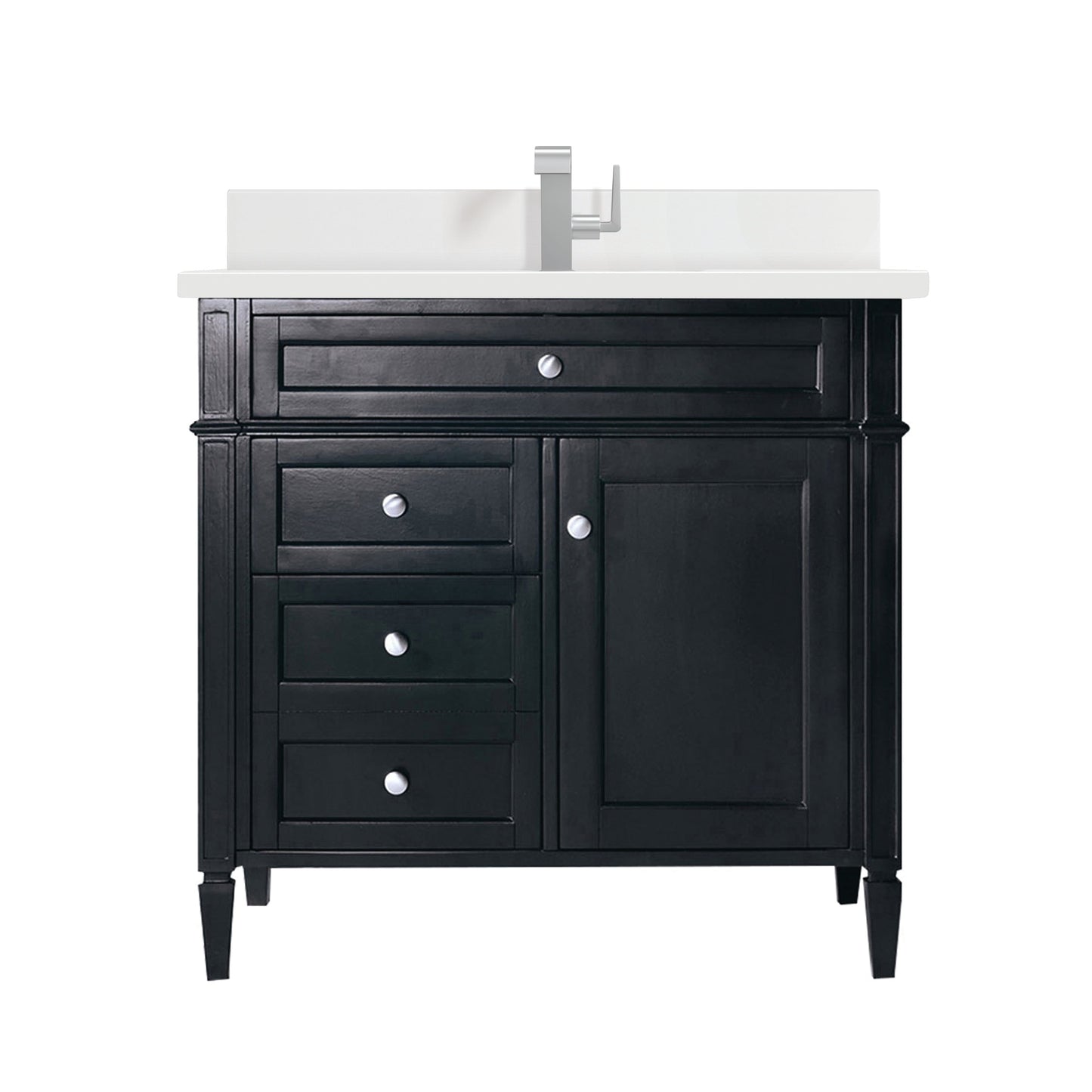 
                  
                    Brittany 36" Single Vanity in Black Onyx Single Bathroom Vanity James Martin Vanities White Zeus Single Faucet Silestone Top w/Backsplash 
                  
                