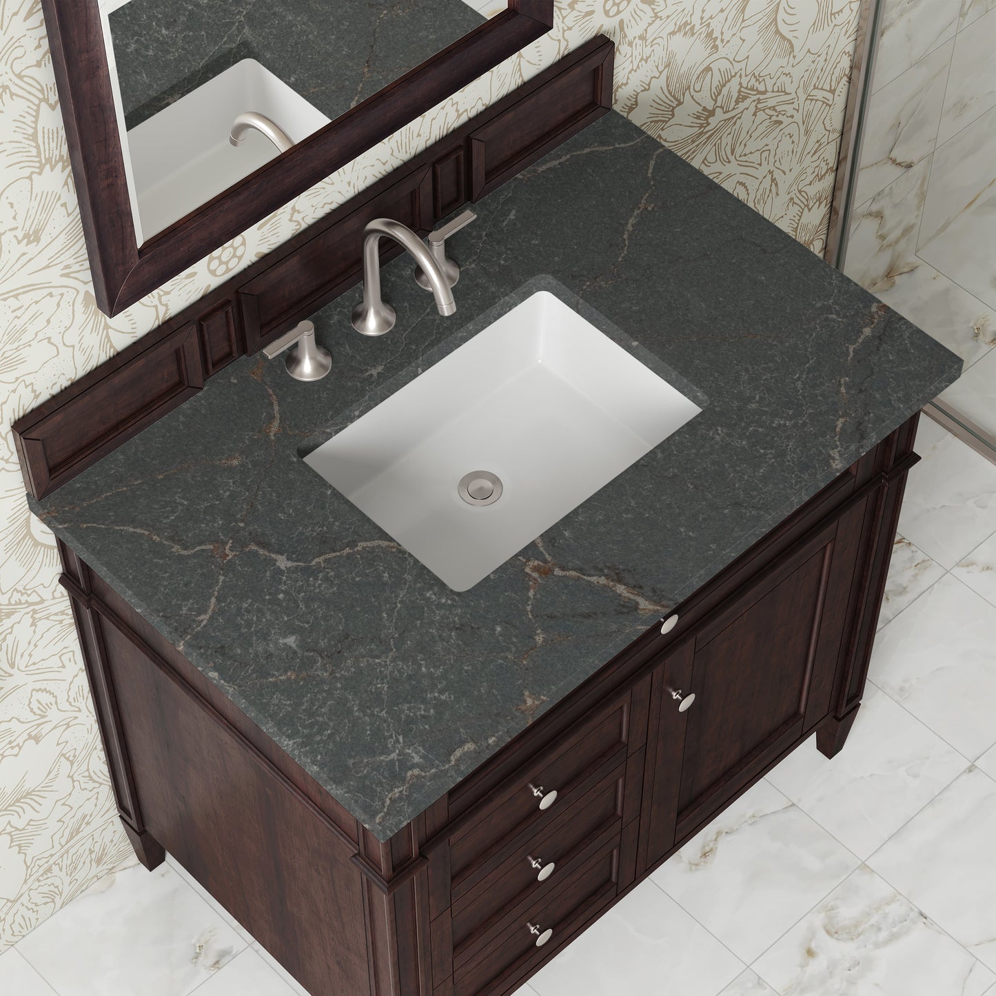 
                  
                    Brittany 36" Single Vanity in Burnished Mahogany Single Bathroom Vanity James Martin Vanities Parisien Bleu Silestone 
                  
                