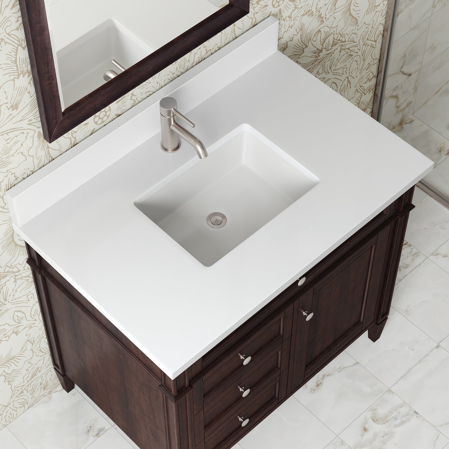 
                  
                    Brittany 36" Single Vanity in Burnished Mahogany Single Bathroom Vanity James Martin Vanities White Zeus Single Faucet Silestone Top w/Backsplash 
                  
                
