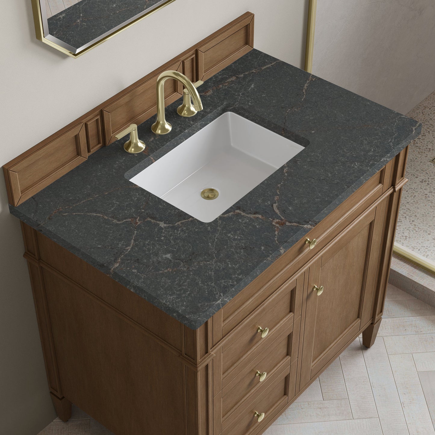 
                  
                    Brittany 36" Single Vanity in Pecan Single Bathroom Vanity James Martin Vanities Parisien Bleu Silestone 
                  
                