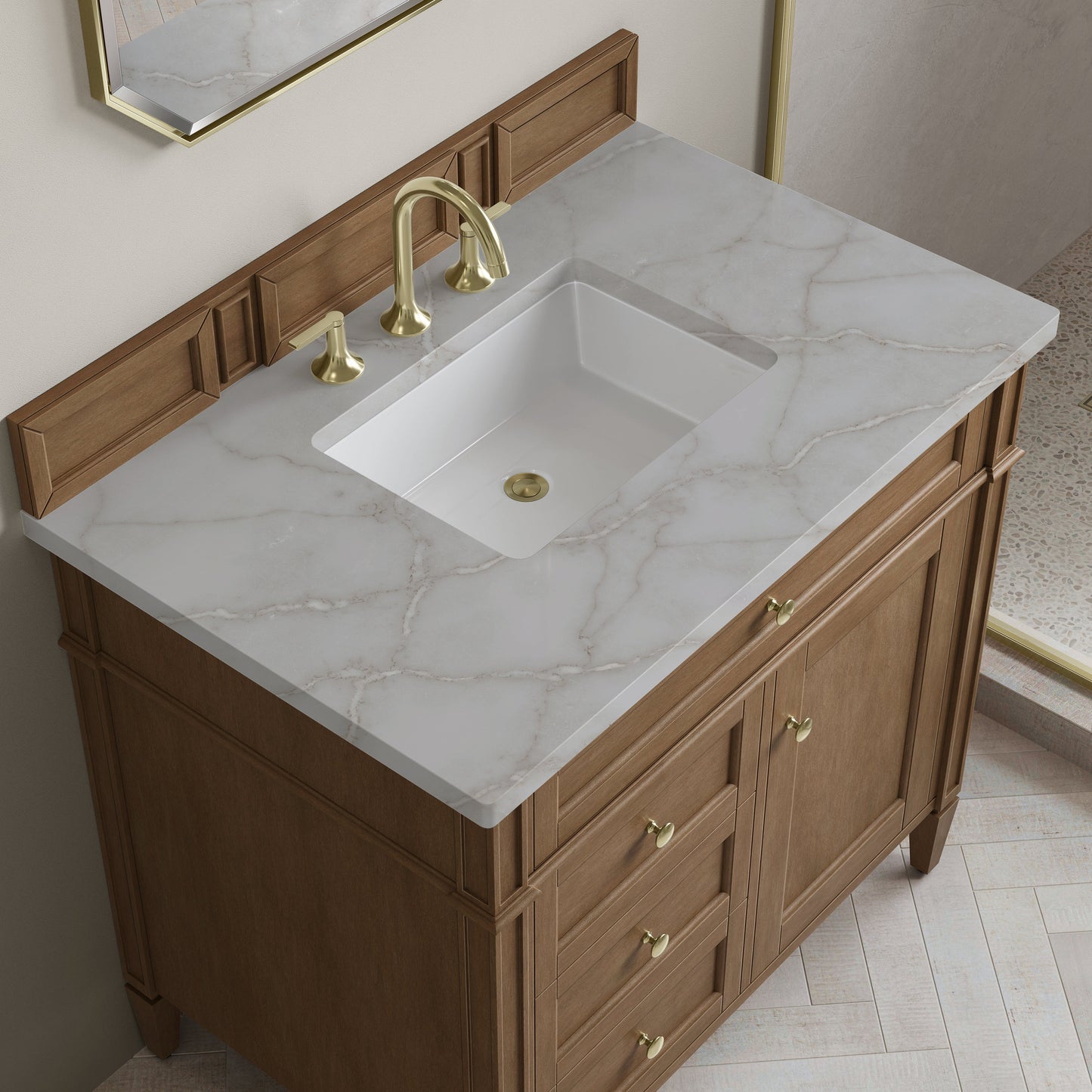 
                  
                    Brittany 36" Single Vanity in Pecan Single Bathroom Vanity James Martin Vanities Victorian Silver Silestone 
                  
                