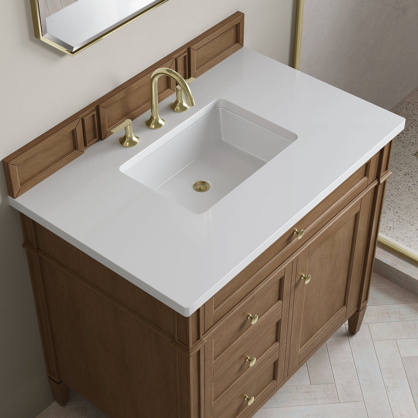 
                  
                    Brittany 36" Single Vanity in Pecan Single Bathroom Vanity James Martin Vanities White Zeus Silestone 
                  
                