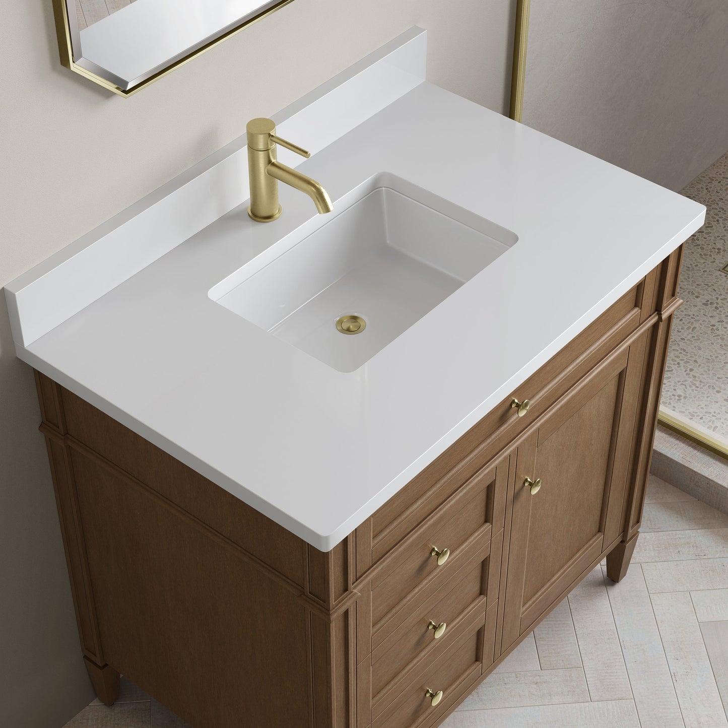 
                  
                    Brittany 36" Single Vanity in Pecan Single Bathroom Vanity James Martin Vanities White Zeus Single Faucet Silestone Top w/Backsplash 
                  
                