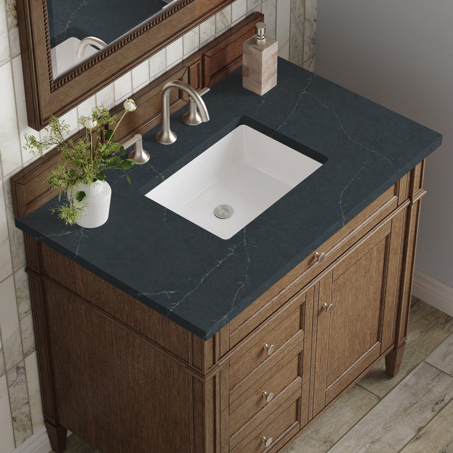 
                  
                    Brittany 36" Single Vanity in Saddle Brown Single Bathroom Vanity James Martin Vanities Charcoal Soapstone Silestone 
                  
                