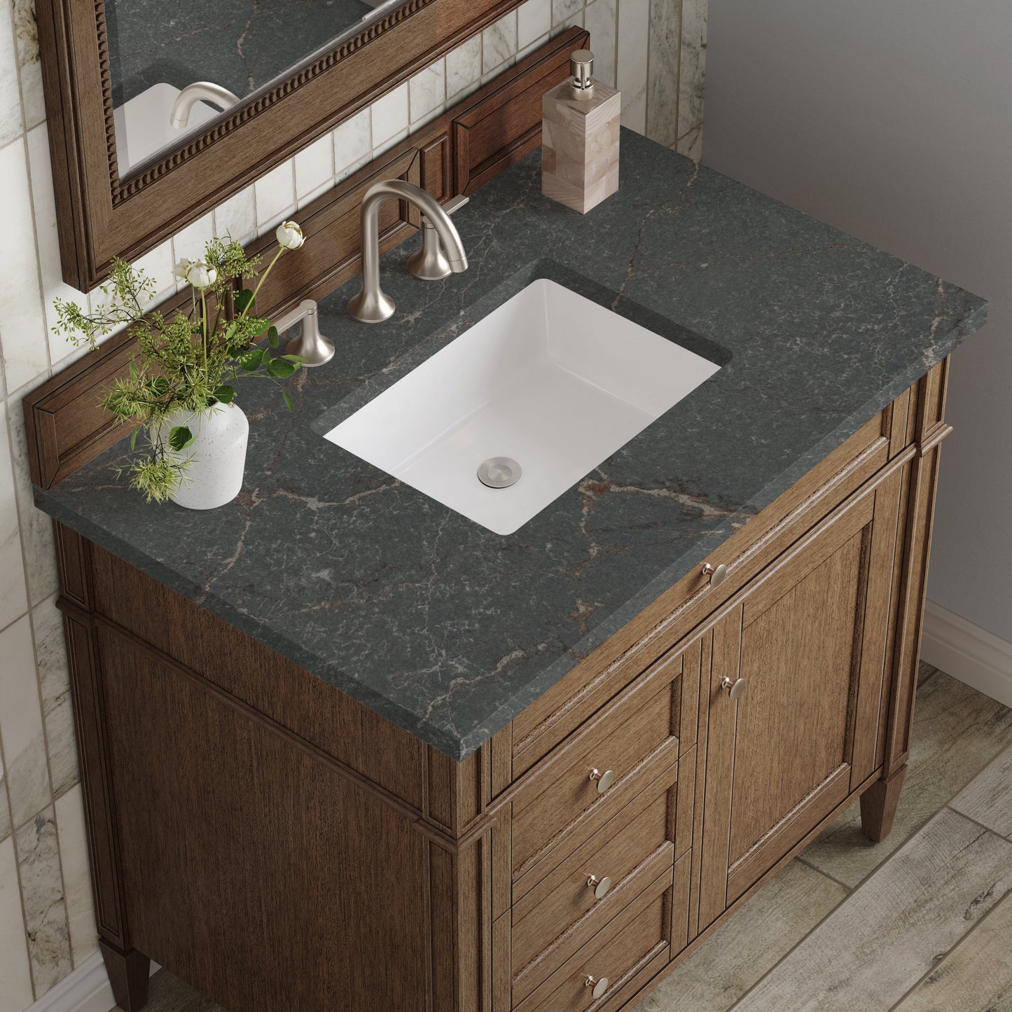 
                  
                    Brittany 36" Single Vanity in Saddle Brown Single Bathroom Vanity James Martin Vanities Parisien Bleu Silestone 
                  
                