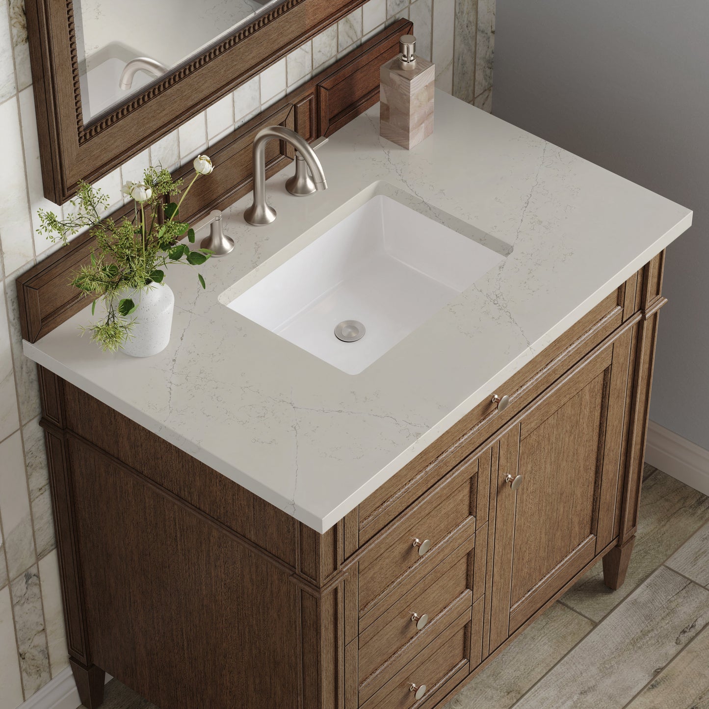 
                  
                    Brittany 36" Single Vanity in Saddle Brown Single Bathroom Vanity James Martin Vanities Siberian Silestone 
                  
                