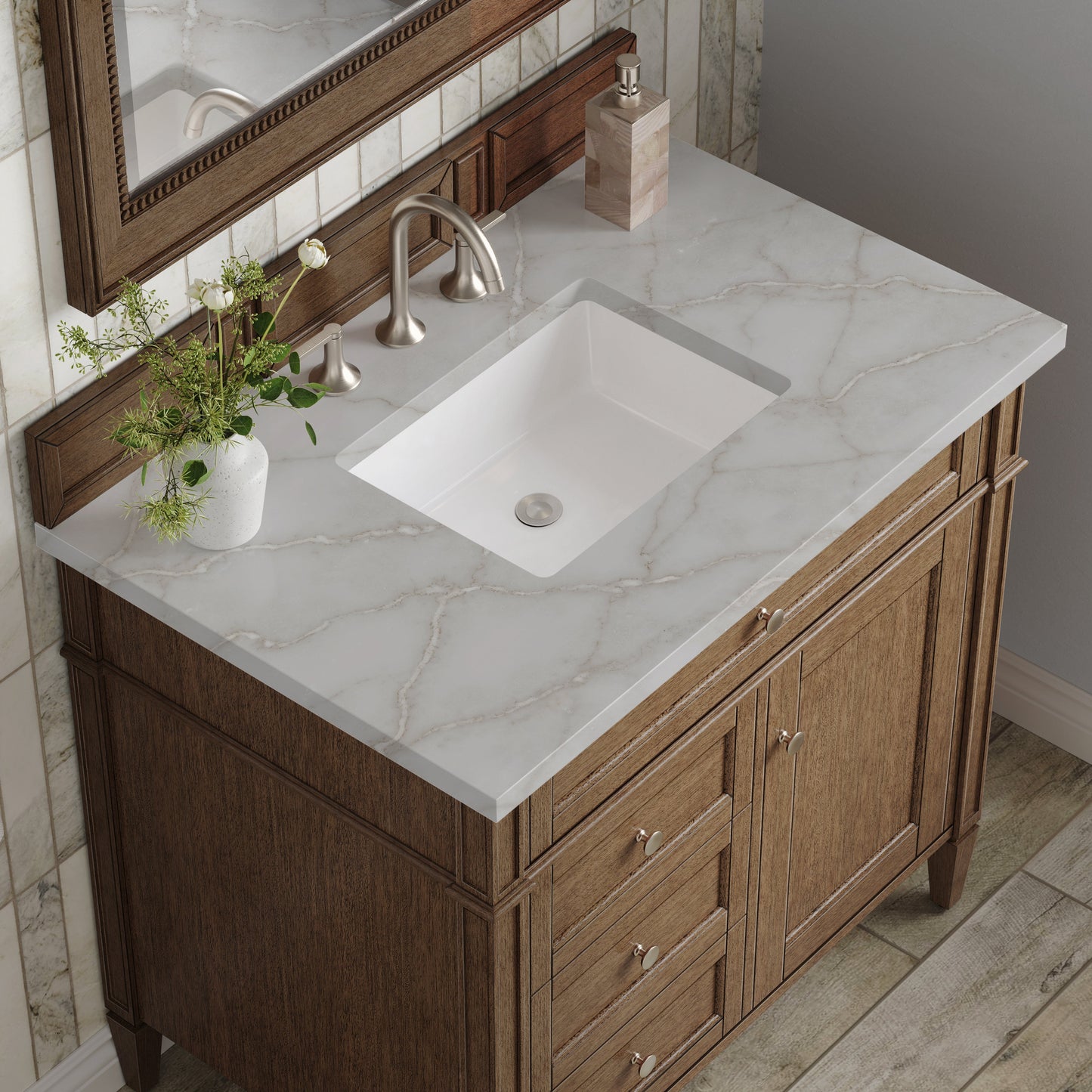 
                  
                    Brittany 36" Single Vanity in Saddle Brown Single Bathroom Vanity James Martin Vanities Victorian Silver Silestone 
                  
                