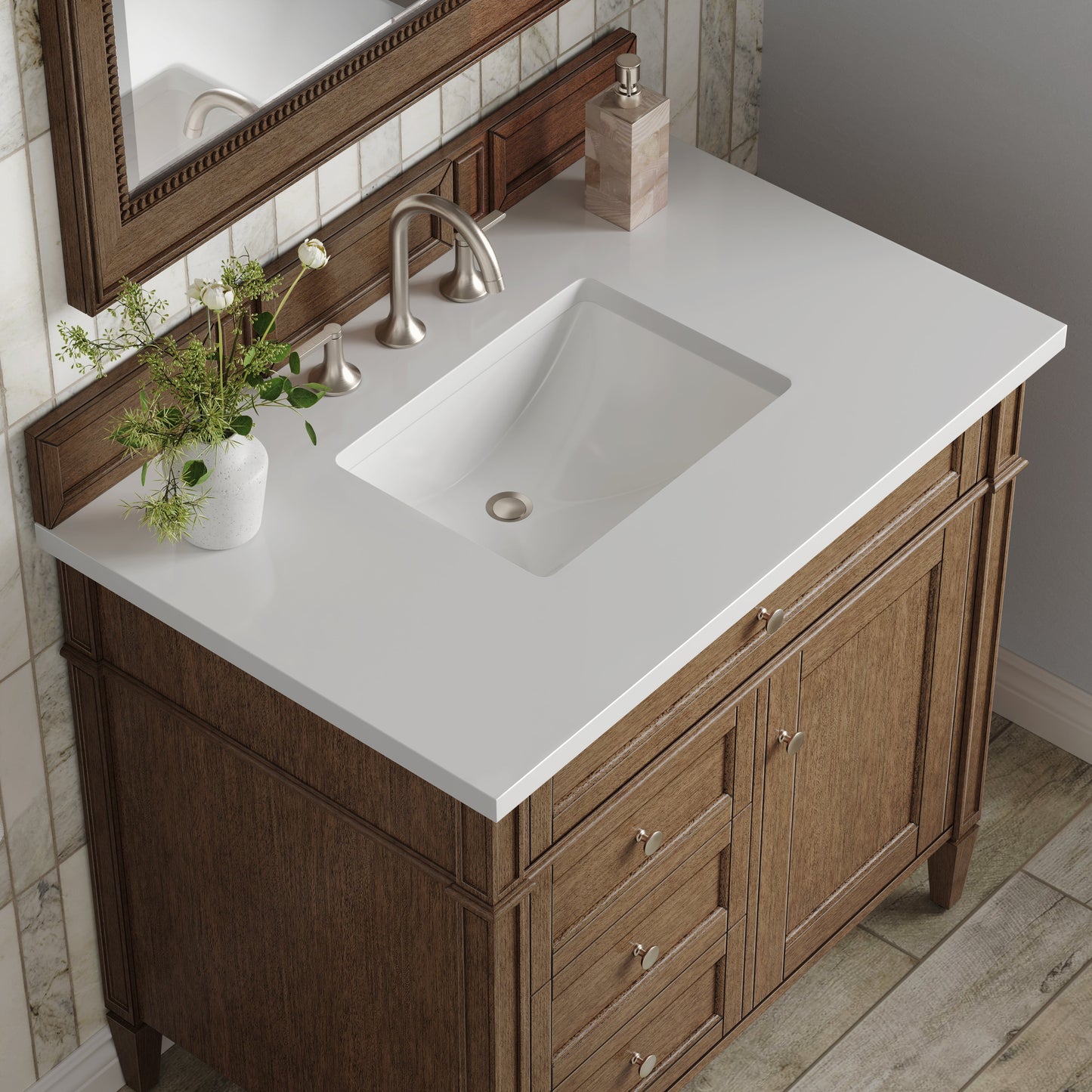 
                  
                    Brittany 36" Single Vanity in Saddle Brown Single Bathroom Vanity James Martin Vanities White Zeus Silestone 
                  
                