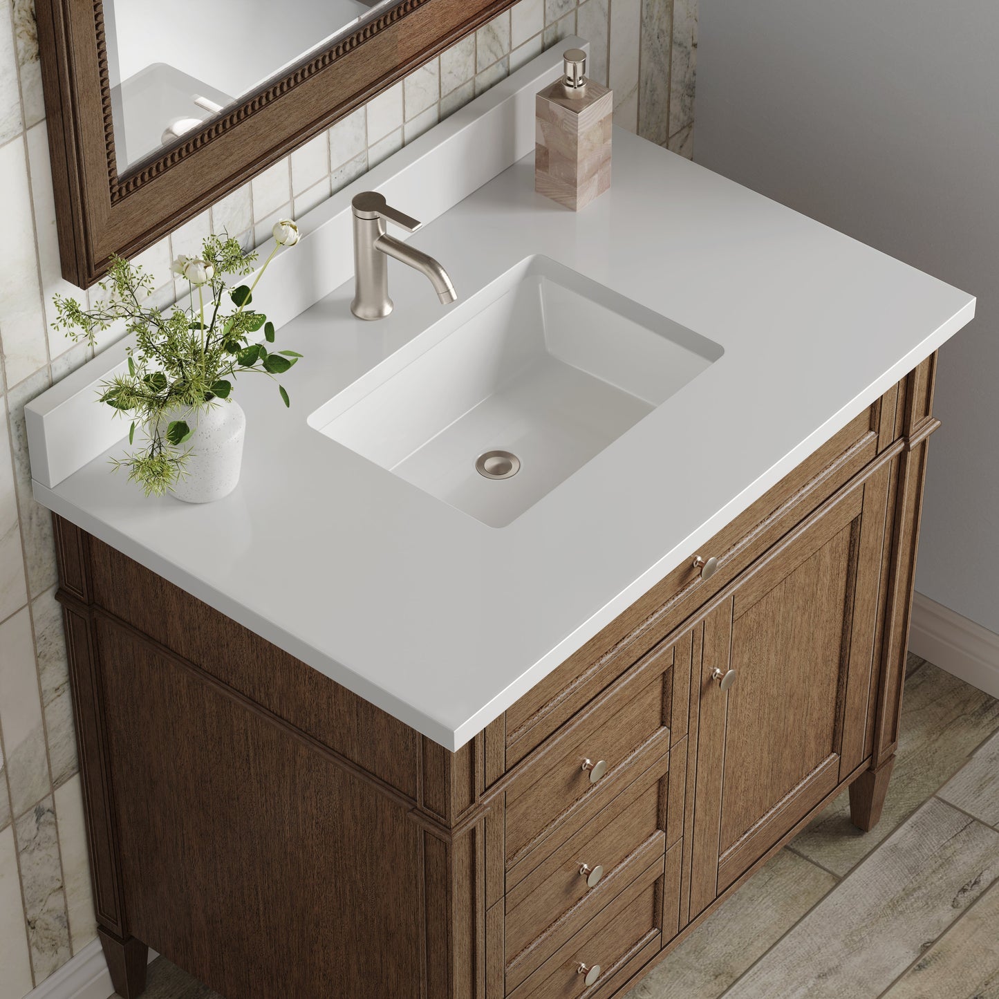 
                  
                    Brittany 36" Single Vanity in Saddle Brown Single Bathroom Vanity James Martin Vanities White Zeus Single Faucet Silestone Top w/Backsplash 
                  
                