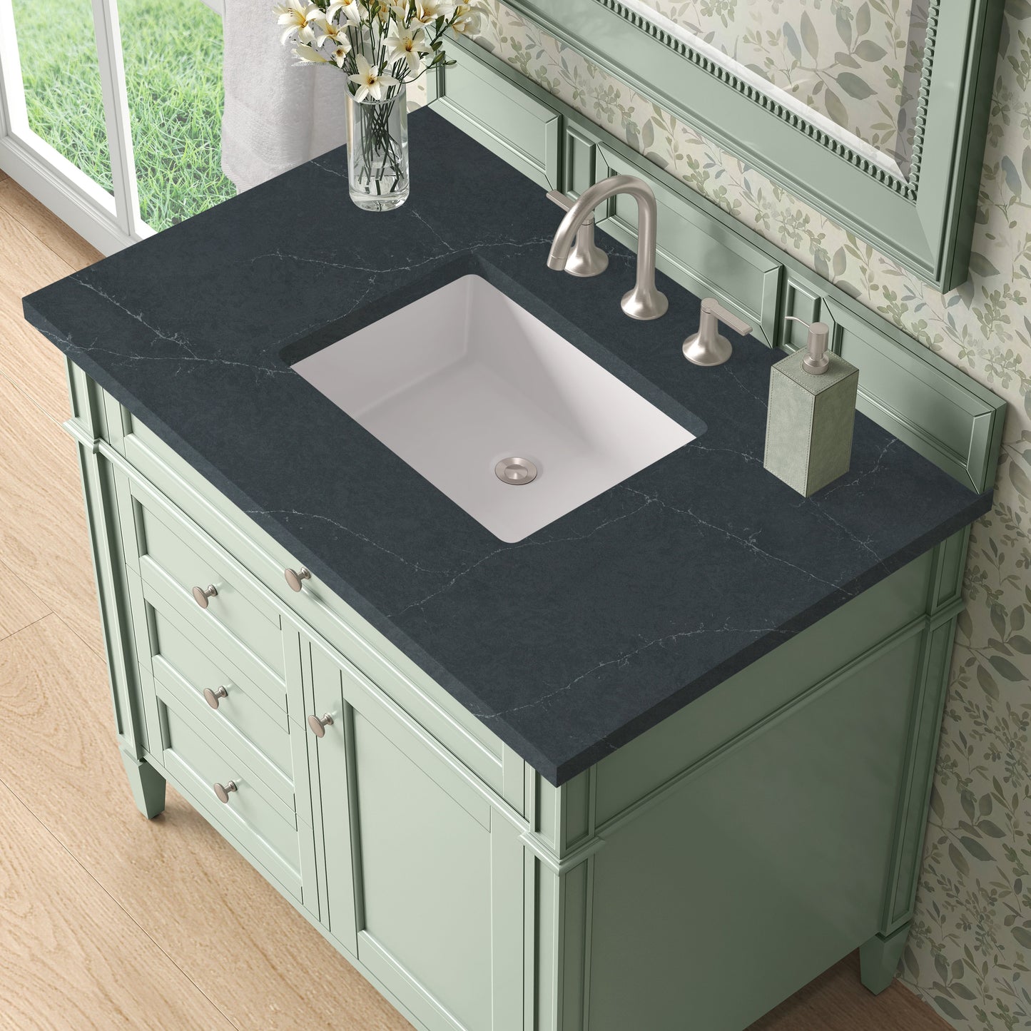 
                  
                    Brittany 36" Single Vanity in Sage Green Single Bathroom Vanity James Martin Vanities Charcoal Soapstone Silestone 
                  
                