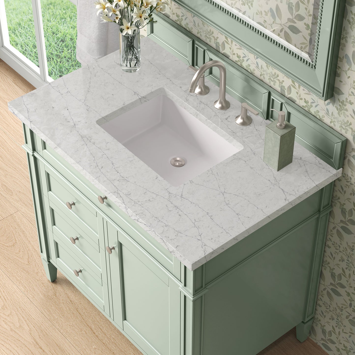 
                  
                    Brittany 36" Single Vanity in Sage Green Single Bathroom Vanity James Martin Vanities Eternal Jasmine Pearl Silestone 
                  
                