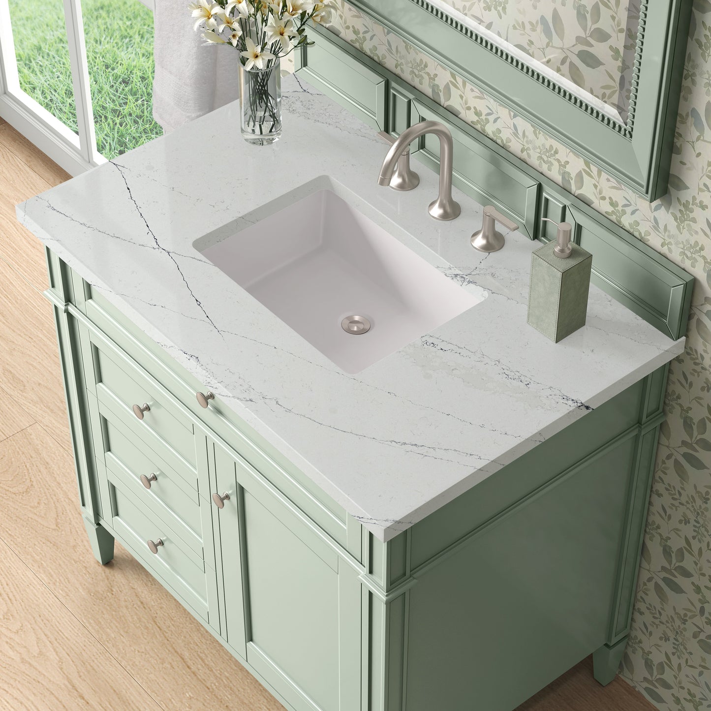 
                  
                    Brittany 36" Single Vanity in Sage Green Single Bathroom Vanity James Martin Vanities Ethereal Noctis Silestone 
                  
                