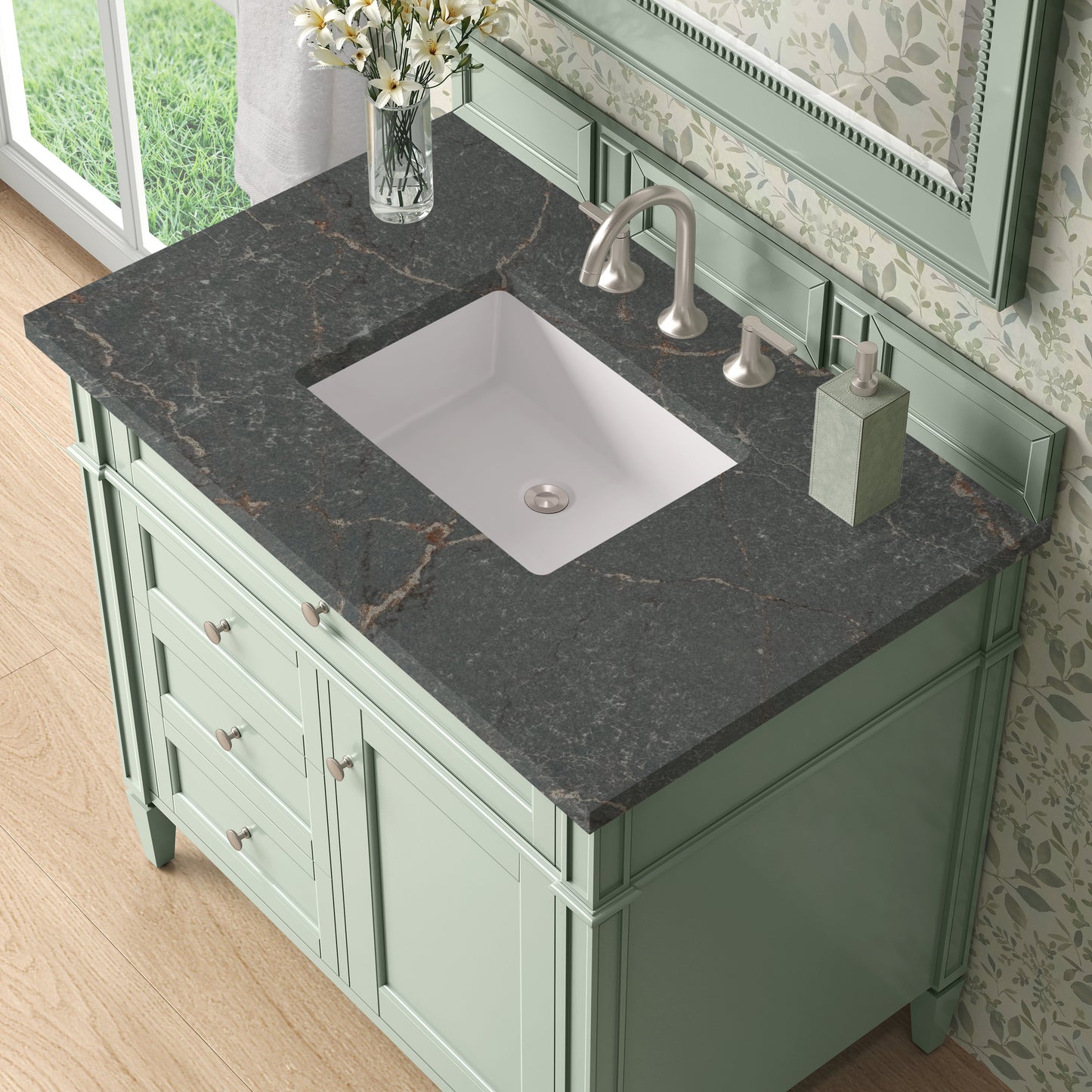 
                  
                    Brittany 36" Single Vanity in Sage Green Single Bathroom Vanity James Martin Vanities Parisien Bleu Silestone 
                  
                