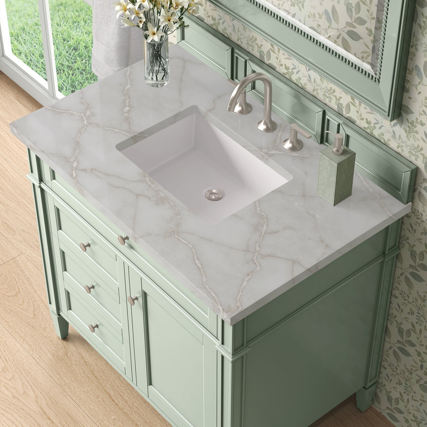 
                  
                    Brittany 36" Single Vanity in Sage Green Single Bathroom Vanity James Martin Vanities Victorian Silver Silestone 
                  
                