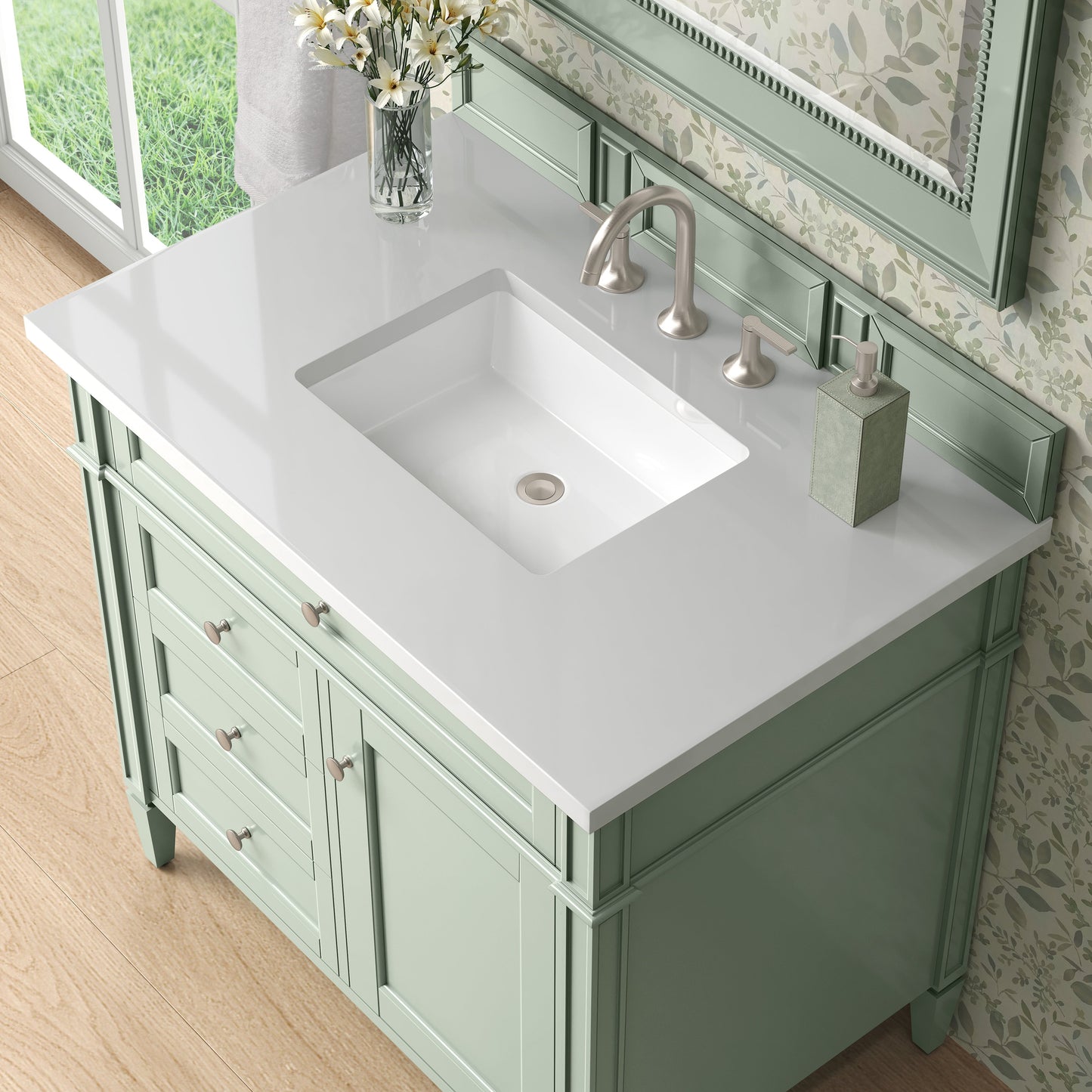 
                  
                    Brittany 36" Single Vanity in Sage Green Single Bathroom Vanity James Martin Vanities White Zeus Silestone 
                  
                