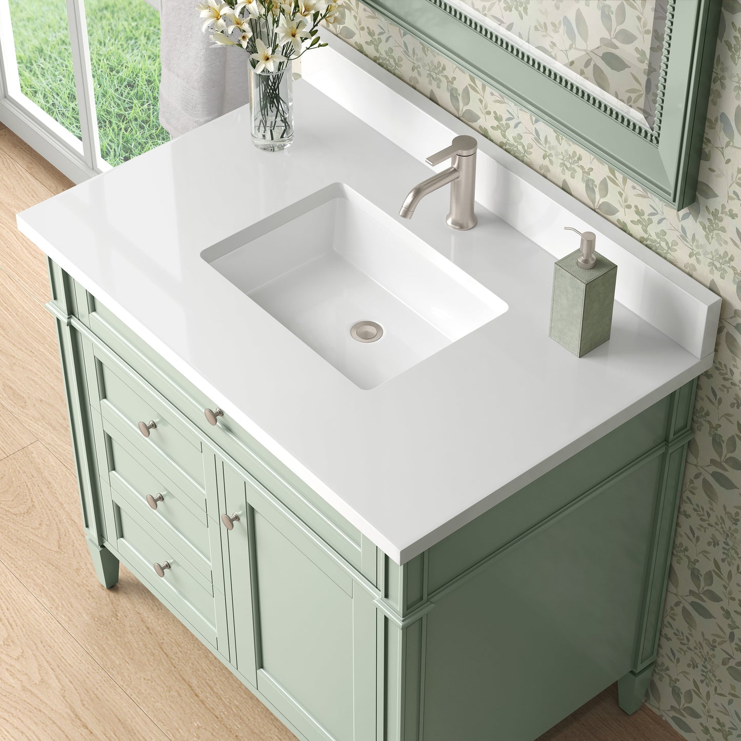 
                  
                    Brittany 36" Single Vanity in Sage Green Single Bathroom Vanity James Martin Vanities White Zeus Single Faucet Silestone Top w/Backsplash 
                  
                