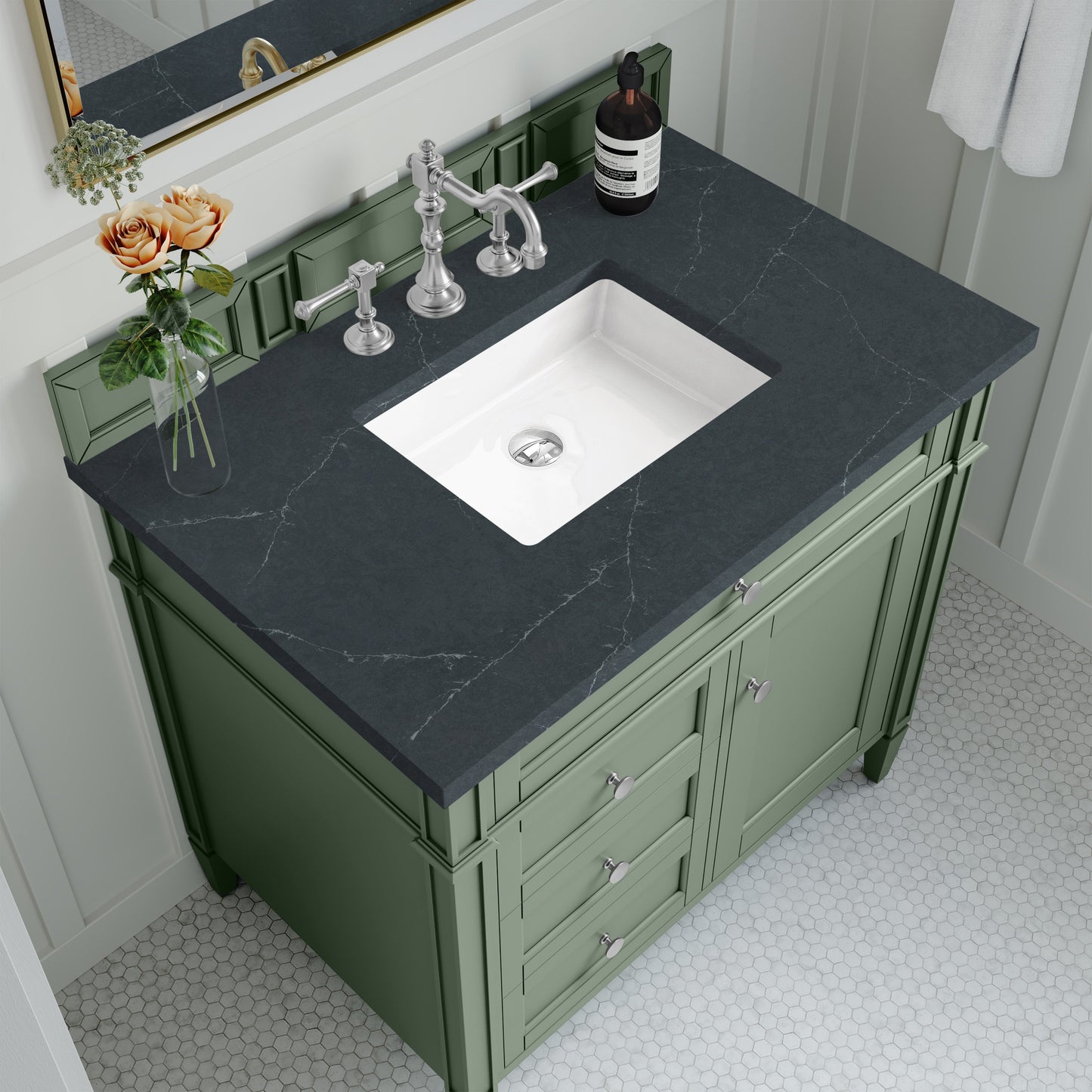 
                  
                    Brittany 36" Single Vanity in Smokey Celadon Single Bathroom Vanity James Martin Vanities Charcoal Soapstone Silestone 
                  
                