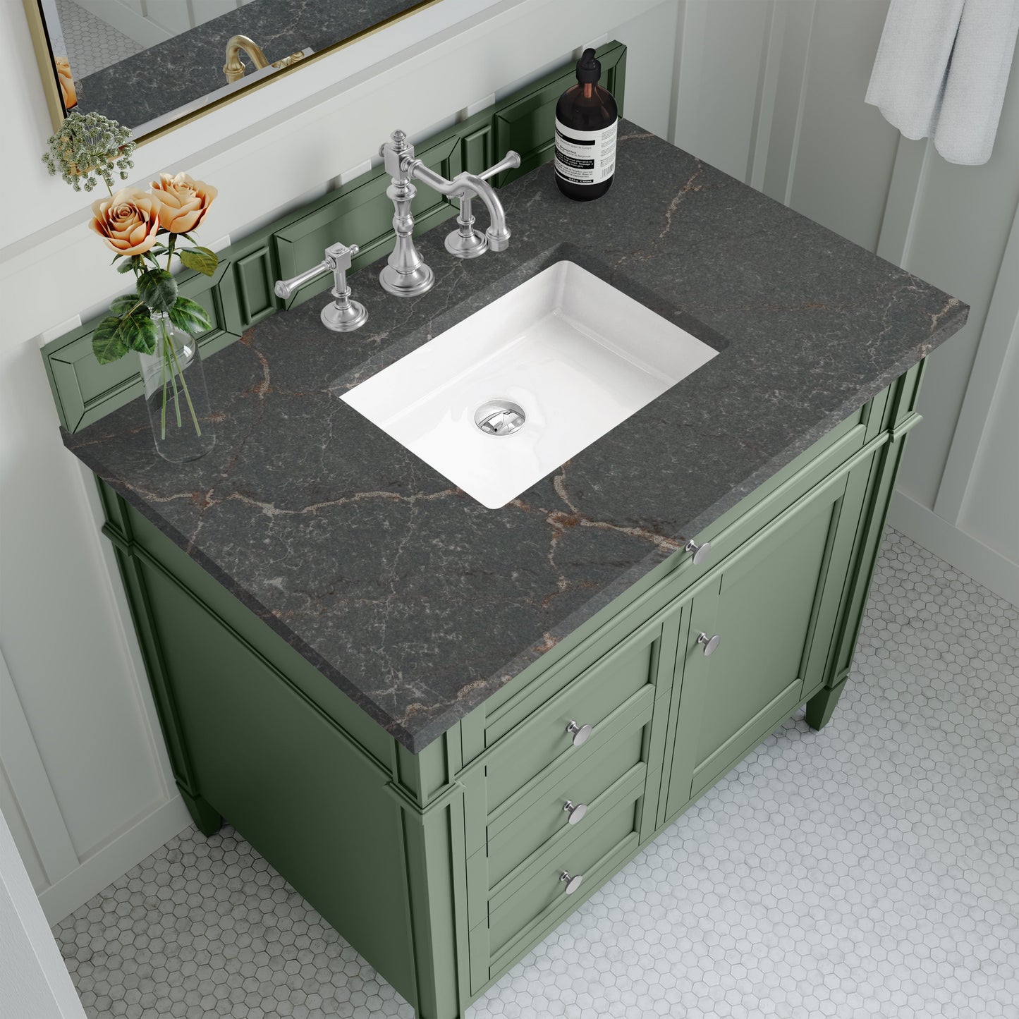 
                  
                    Brittany 36" Single Vanity in Smokey Celadon Single Bathroom Vanity James Martin Vanities Parisien Bleu Silestone 
                  
                