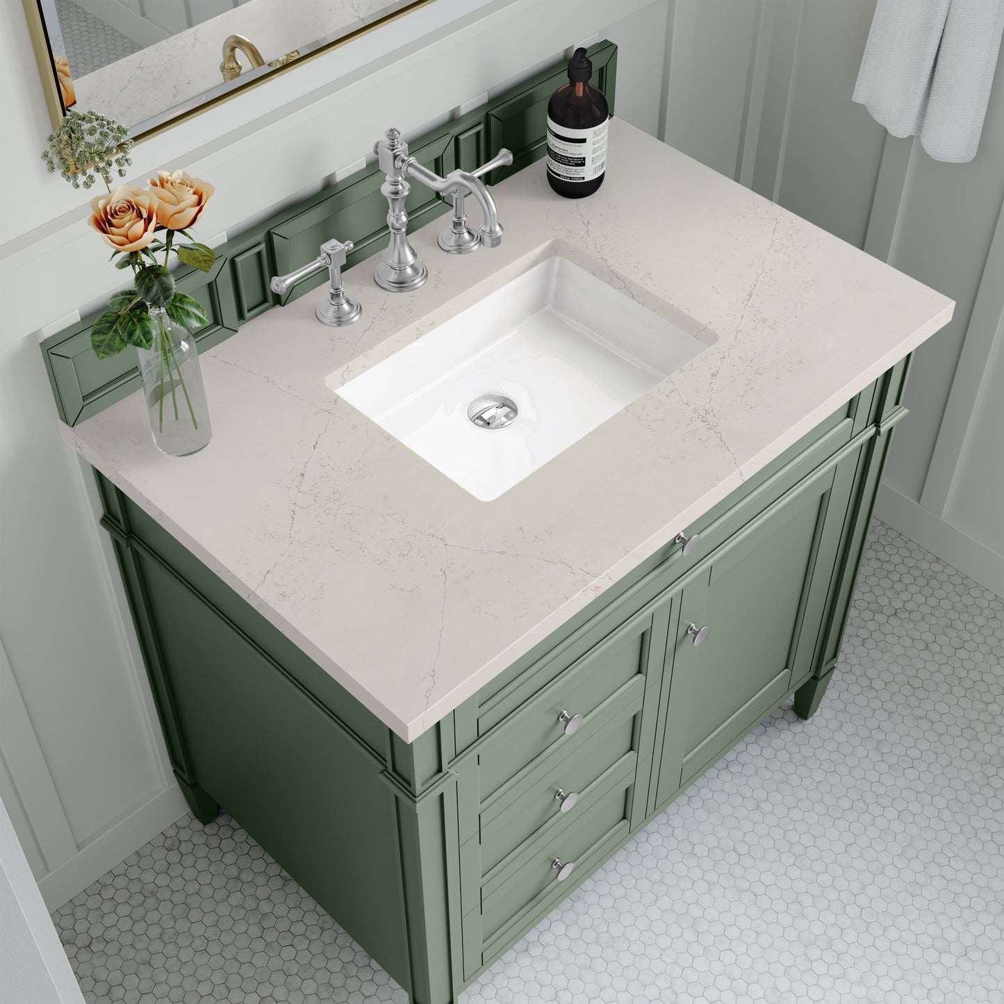 
                  
                    Brittany 36" Single Vanity in Smokey Celadon Single Bathroom Vanity James Martin Vanities Siberian Silestone 
                  
                