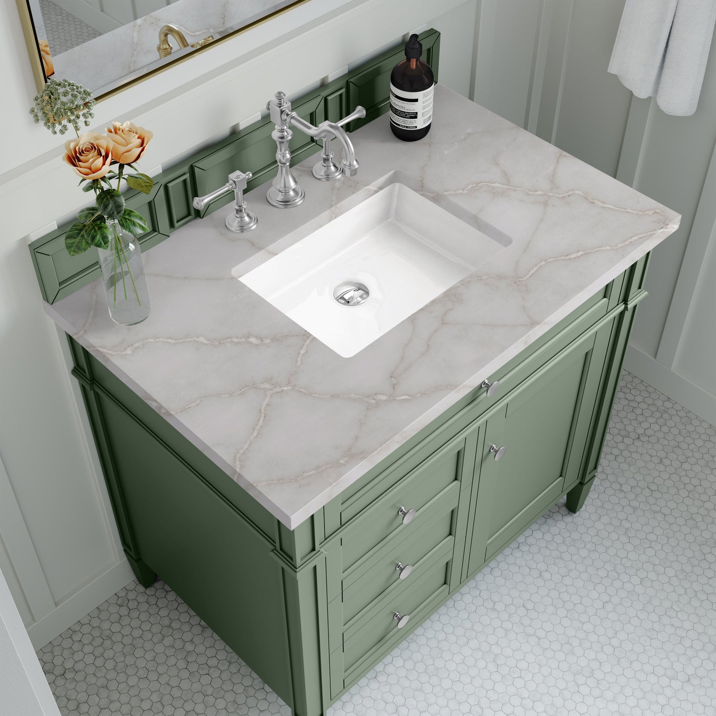
                  
                    Brittany 36" Single Vanity in Smokey Celadon Single Bathroom Vanity James Martin Vanities Victorian Silver Silestone 
                  
                