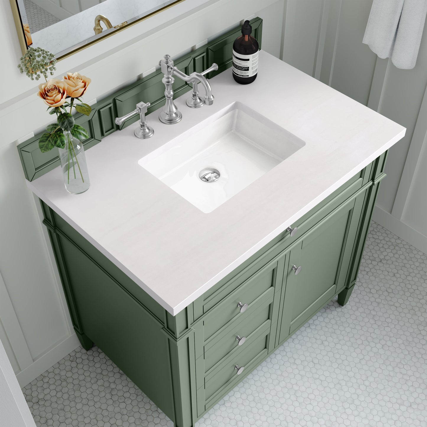 
                  
                    Brittany 36" Single Vanity in Smokey Celadon Single Bathroom Vanity James Martin Vanities White Zeus Silestone 
                  
                