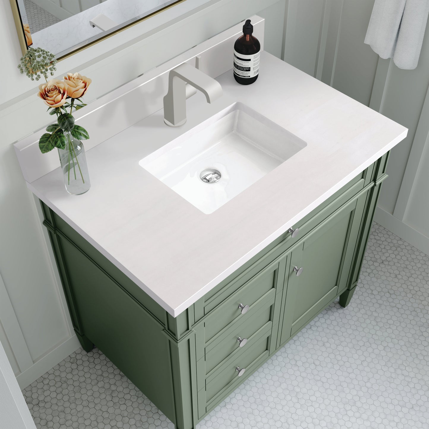 
                  
                    Brittany 36" Single Vanity in Smokey Celadon Single Bathroom Vanity James Martin Vanities White Zeus Single Faucet Silestone Top w/Backsplash 
                  
                