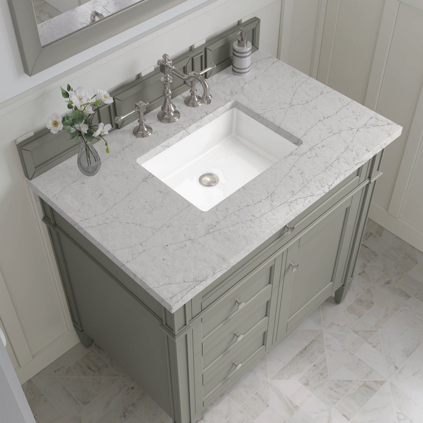 
                  
                    Brittany 36" Single Vanity in Urban Gray Single Bathroom Vanity James Martin Vanities Eternal Jasmine Pearl Silestone 
                  
                