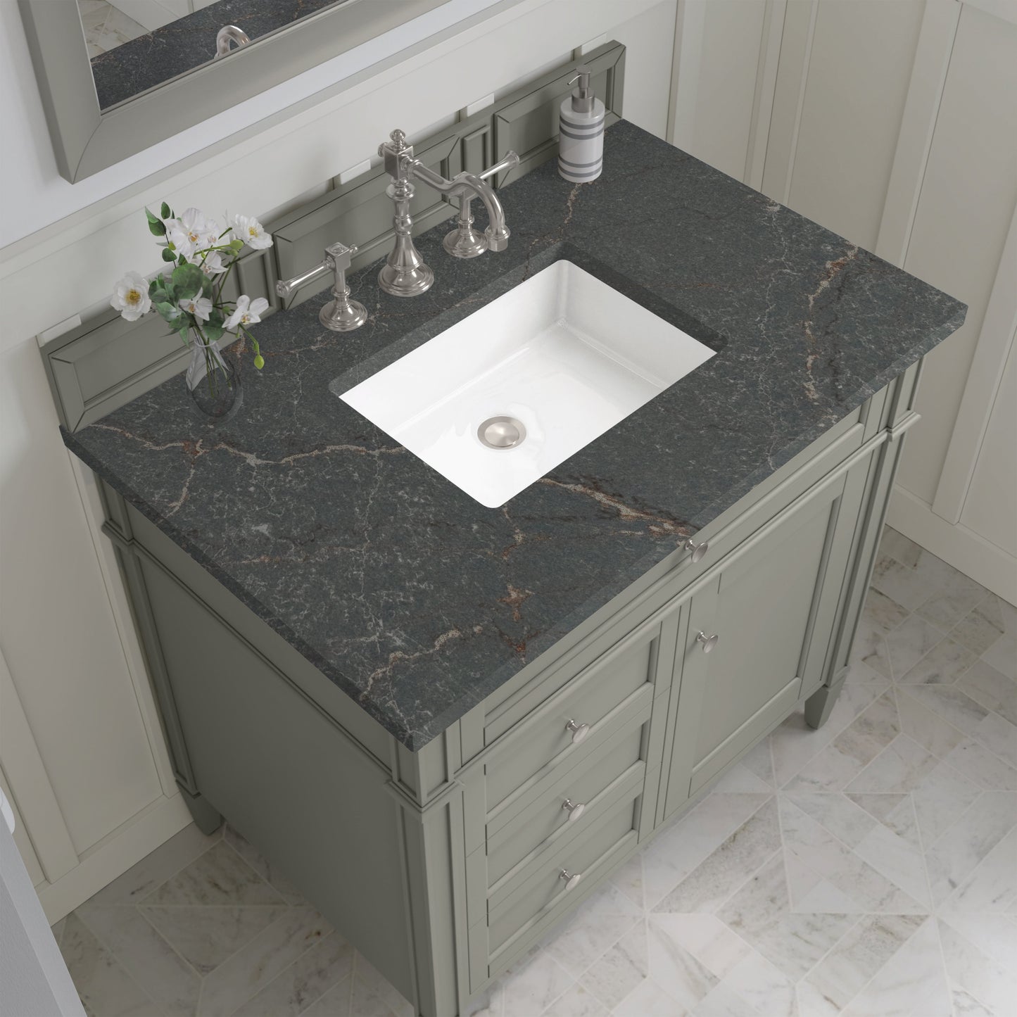 
                  
                    Brittany 36" Single Vanity in Urban Gray Single Bathroom Vanity James Martin Vanities Parisien Bleu Silestone 
                  
                