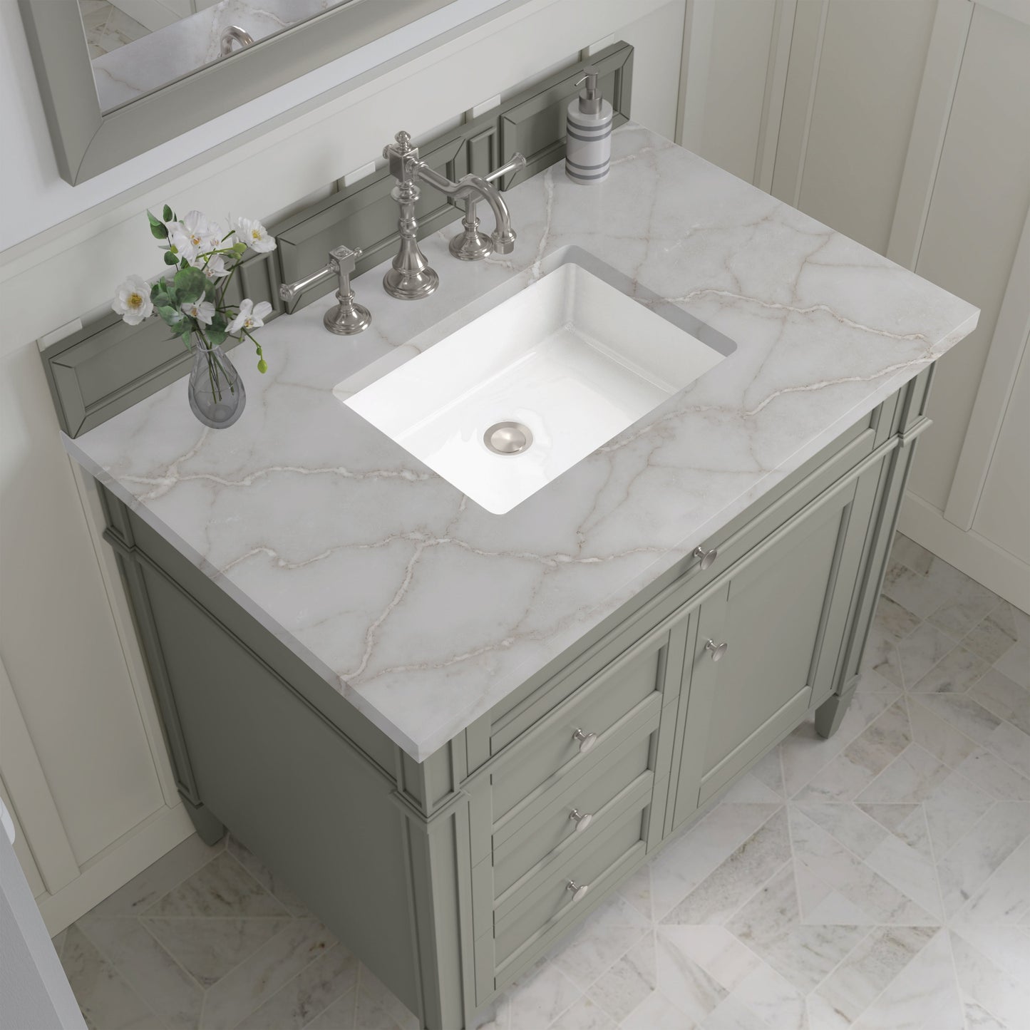 
                  
                    Brittany 36" Single Vanity in Urban Gray Single Bathroom Vanity James Martin Vanities Victorian Silver Silestone 
                  
                