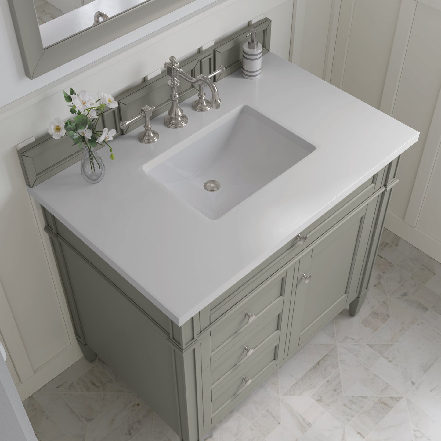 
                  
                    Brittany 36" Single Vanity in Urban Gray Single Bathroom Vanity James Martin Vanities White Zeus Silestone 
                  
                
