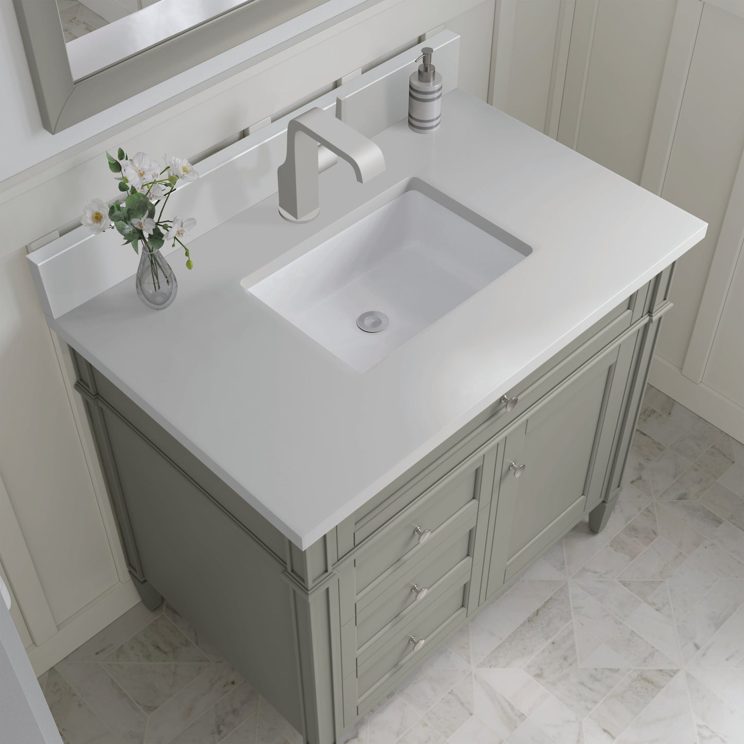 
                  
                    Brittany 36" Single Vanity in Urban Gray Single Bathroom Vanity James Martin Vanities White Zeus Single Faucet Silestone Top w/Backsplash 
                  
                