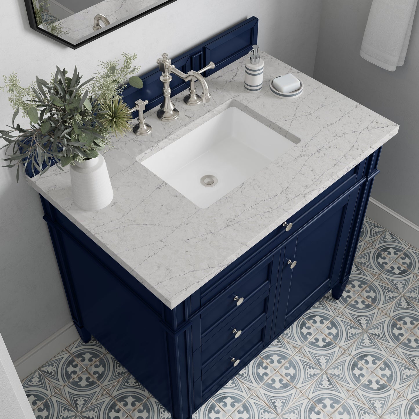
                  
                    Brittany 36" Single Vanity in Victory Blue Single Bathroom Vanity James Martin Vanities Eternal Jasmine Pearl Silestone 
                  
                