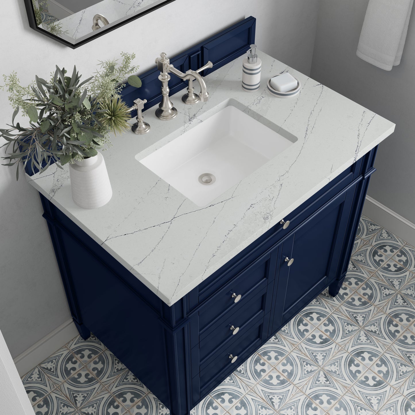 
                  
                    Brittany 36" Single Vanity in Victory Blue Single Bathroom Vanity James Martin Vanities Ethereal Noctis Silestone 
                  
                