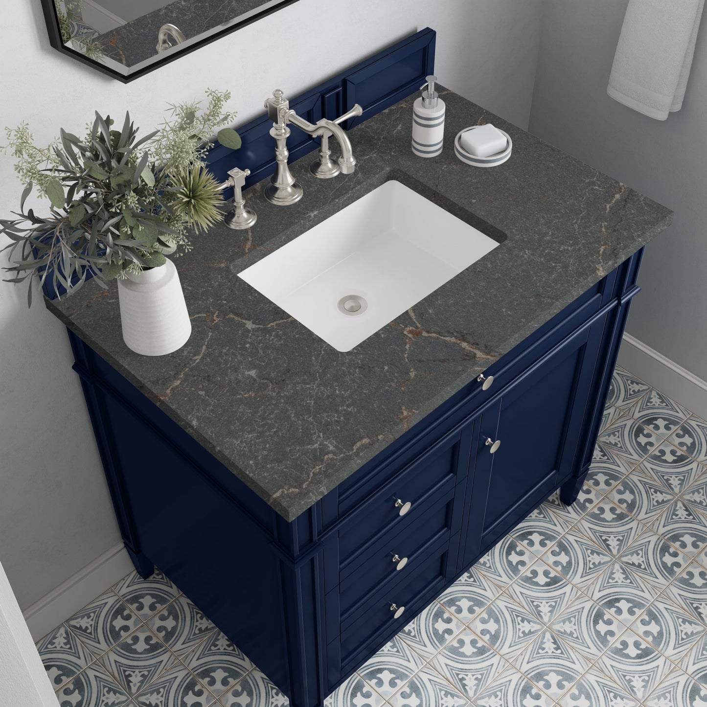 
                  
                    Brittany 36" Single Vanity in Victory Blue Single Bathroom Vanity James Martin Vanities Parisien Bleu Silestone 
                  
                