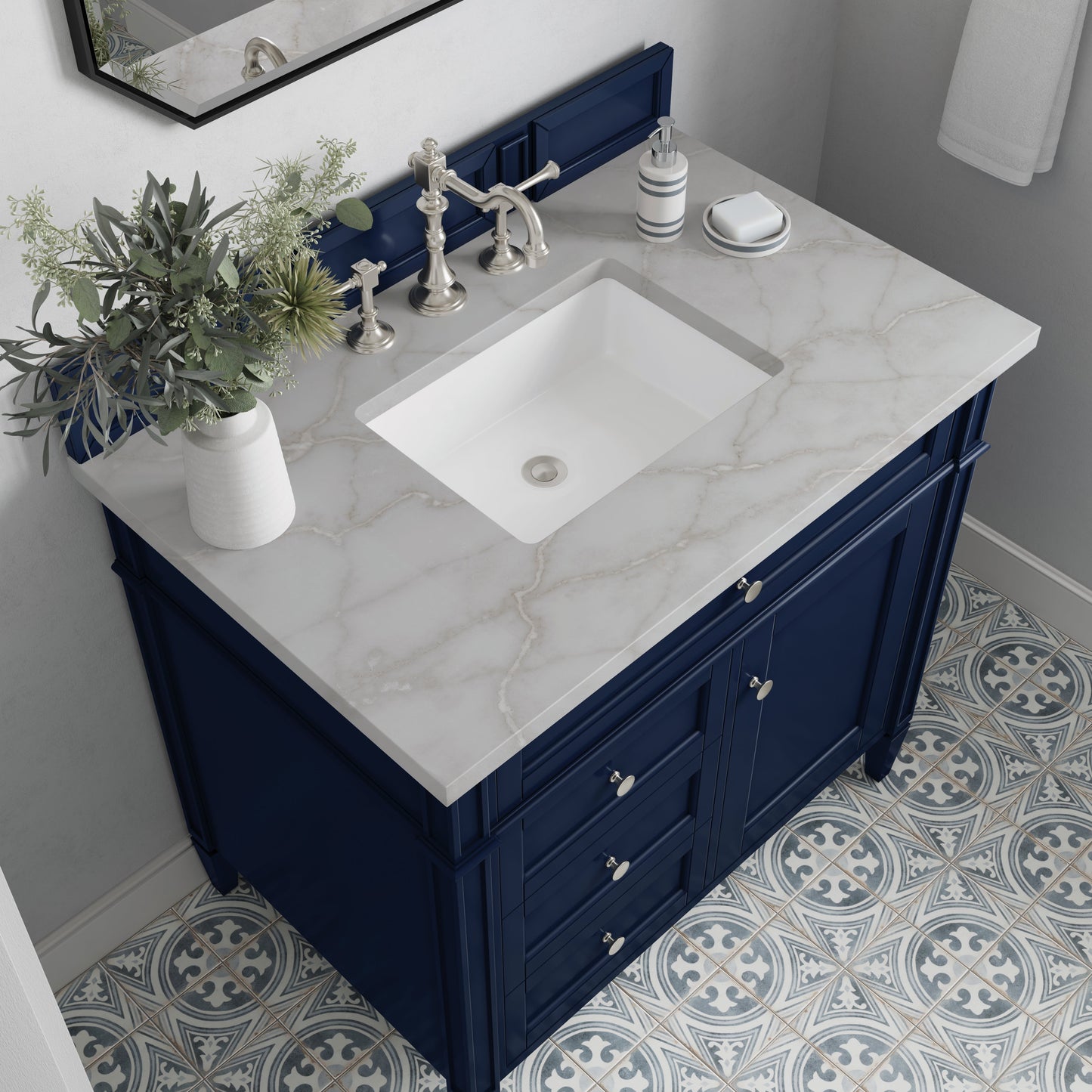 
                  
                    Brittany 36" Single Vanity in Victory Blue Single Bathroom Vanity James Martin Vanities Victorian Silver Silestone 
                  
                